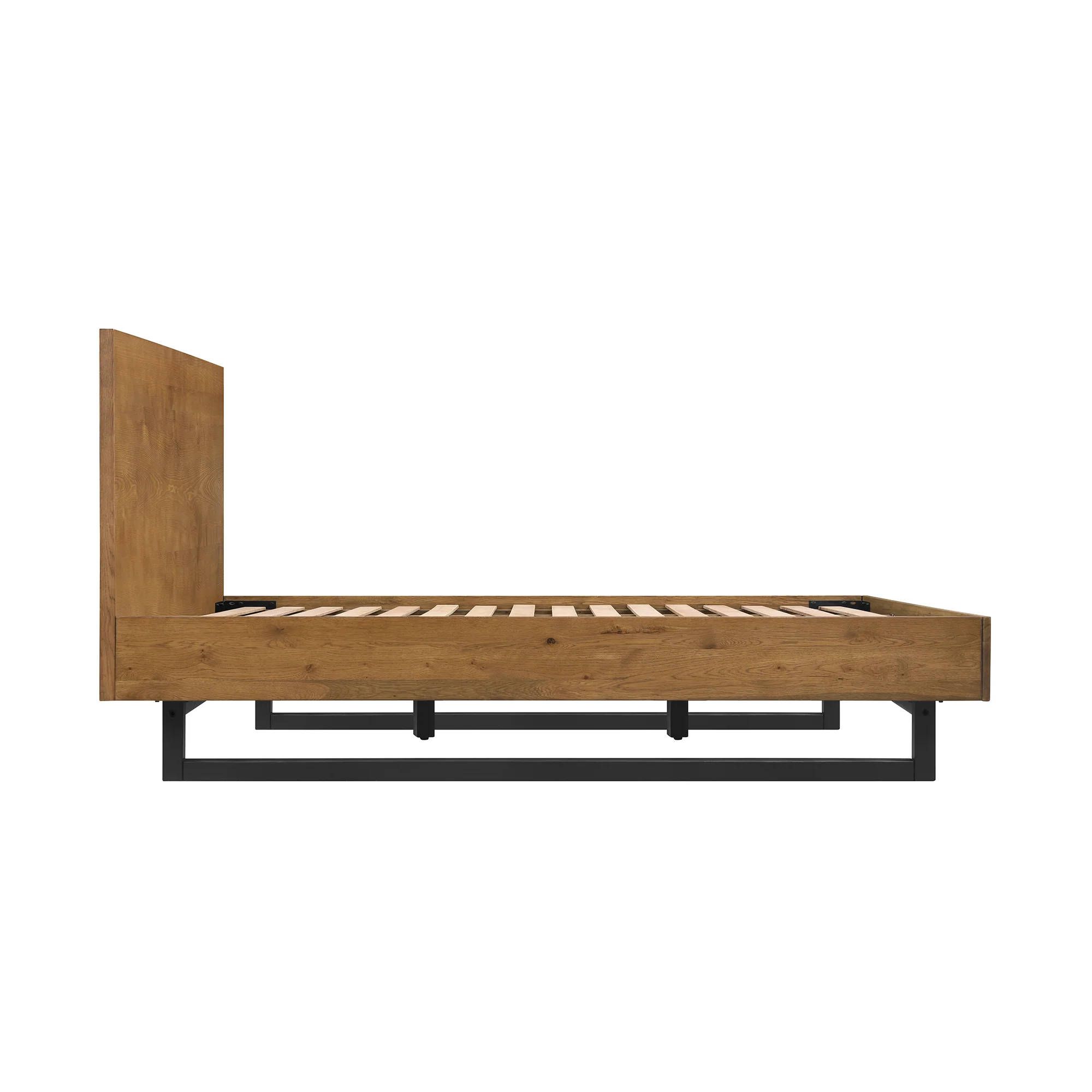 Aldo Queen Size Brown Oak Wood Platform Bed Frame with Black Metal Legs By Armen Living - Image 5
