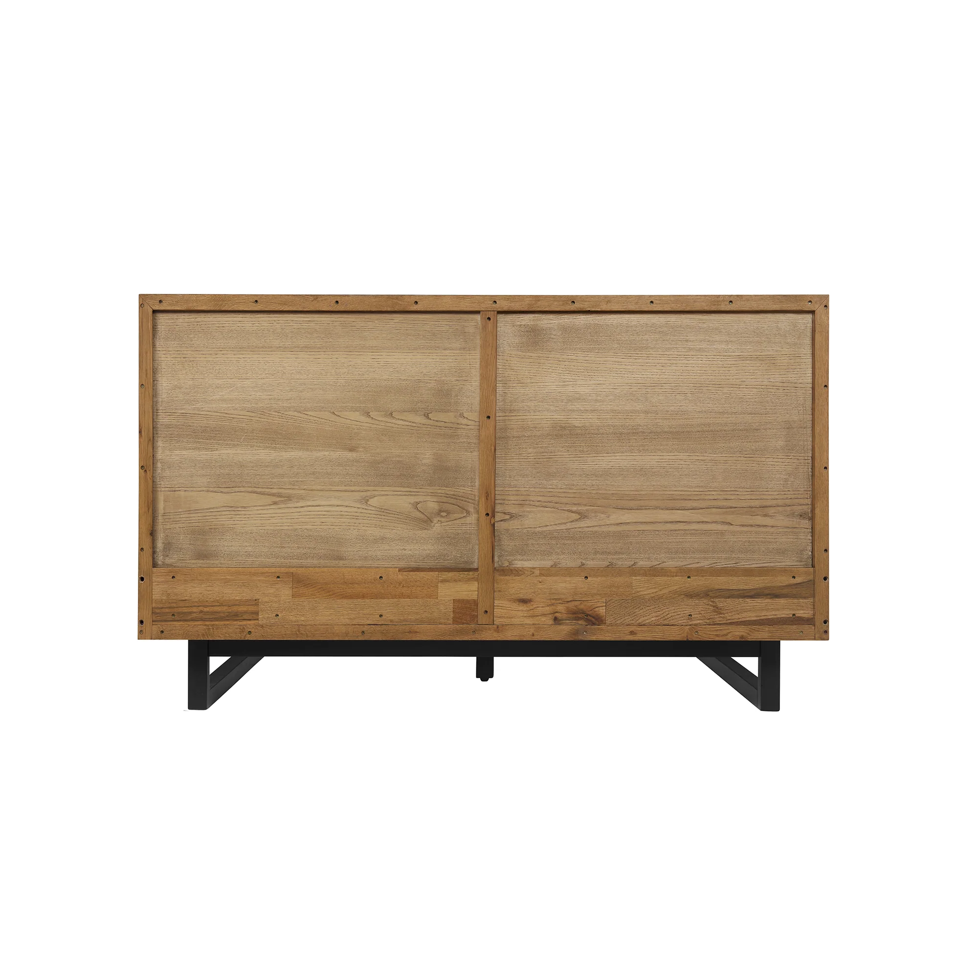 Aldo Queen Size Brown Oak Wood Platform Bed Frame with Black Metal Legs By Armen Living - Image 6