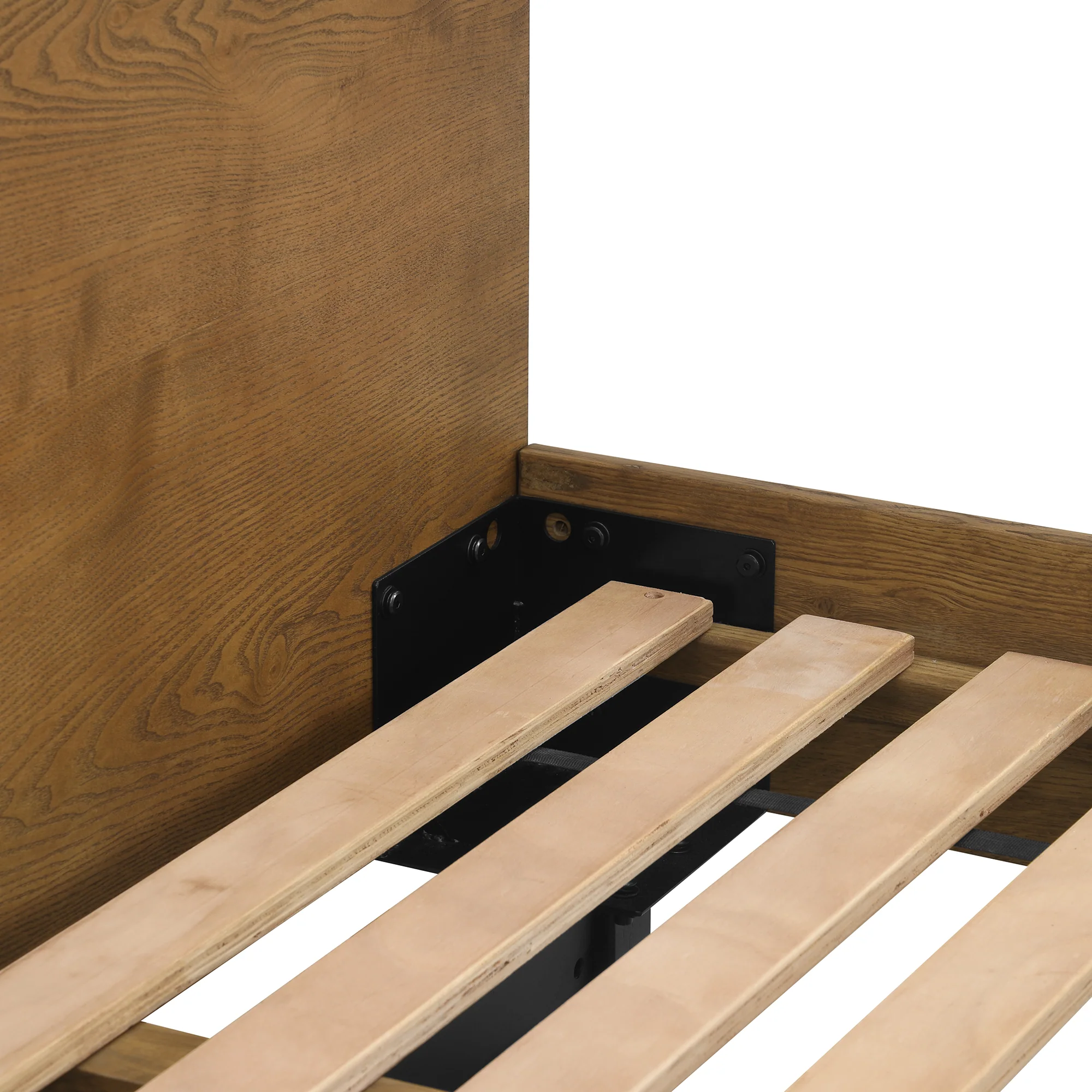 Aldo Queen Size Brown Oak Wood Platform Bed Frame with Black Metal Legs By Armen Living - Image 7