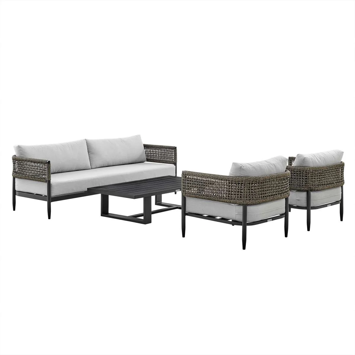 Alegria 4 Piece Outdoor Black Aluminum & Rope Conversation Set with Light Gray Fabric Cushions By Armen Living - Image 2