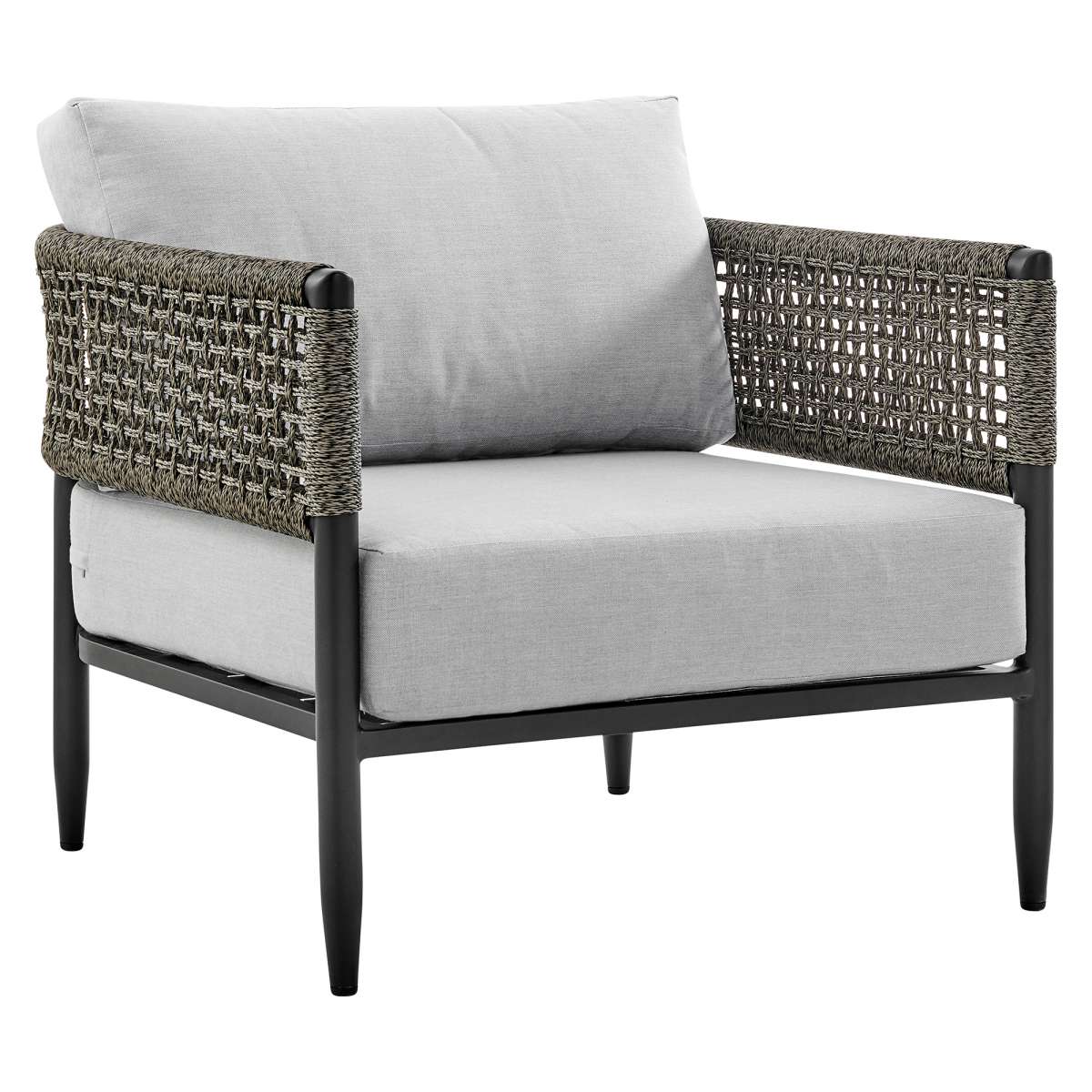 Alegria 4 Piece Outdoor Black Aluminum & Rope Conversation Set with Light Gray Fabric Cushions By Armen Living - Image 5