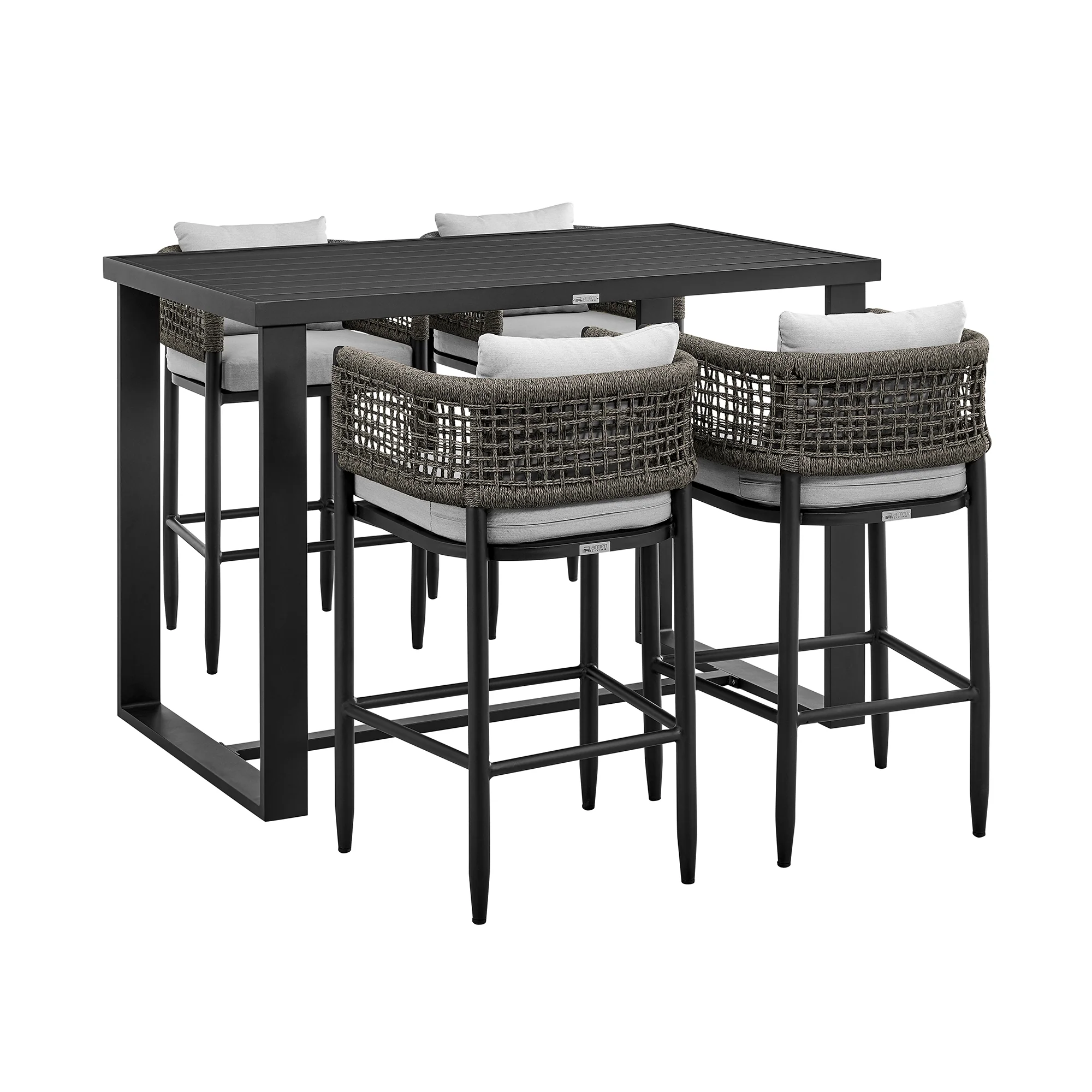 Alegria Outdoor Patio 5-Piece Bar Table Set in Aluminum with Gray Rope and Cushions By Armen Living - Image 2