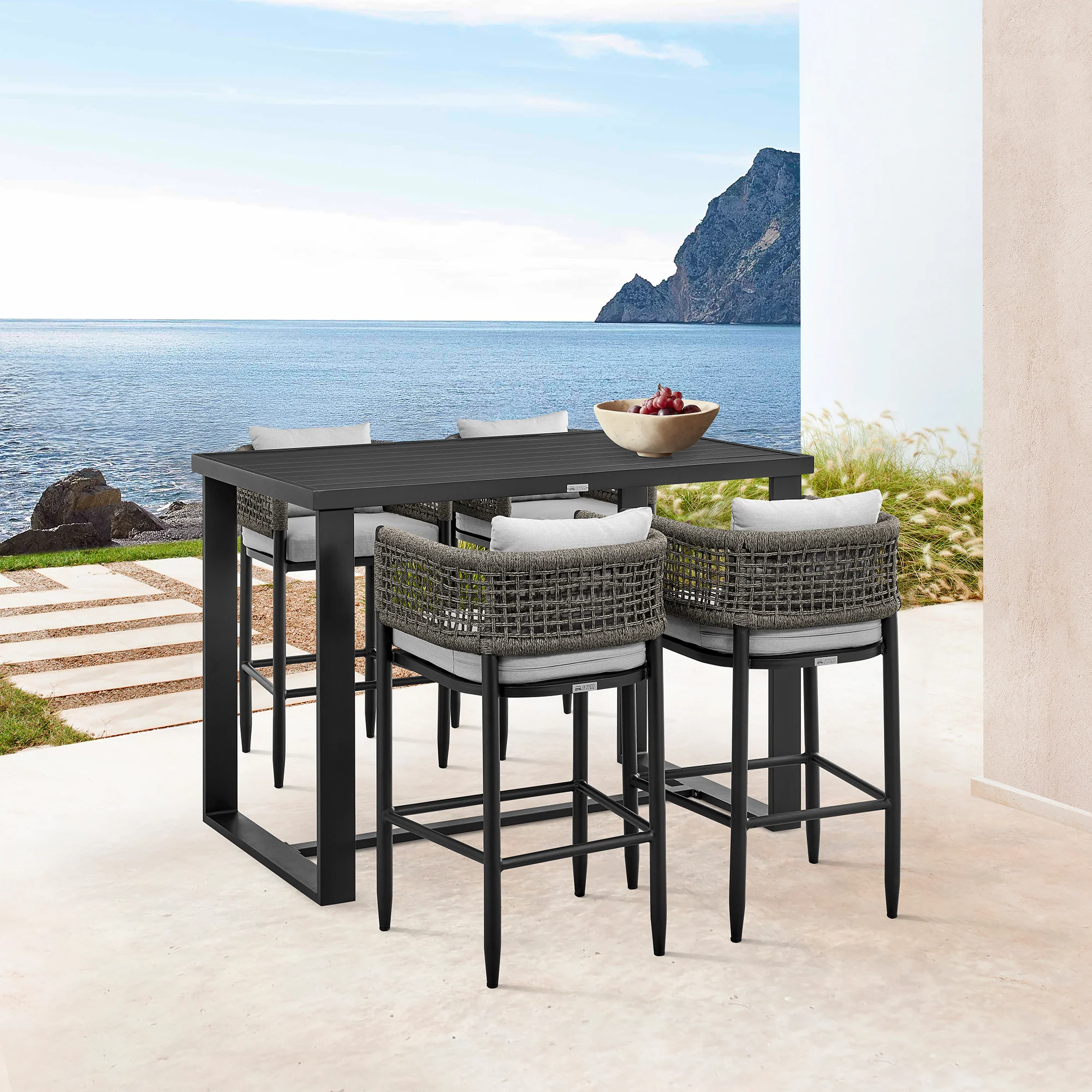 Alegria Outdoor Patio Counter Height Bar Stool in Aluminum with Gray Rope and Cushions By Armen Living - Image 2