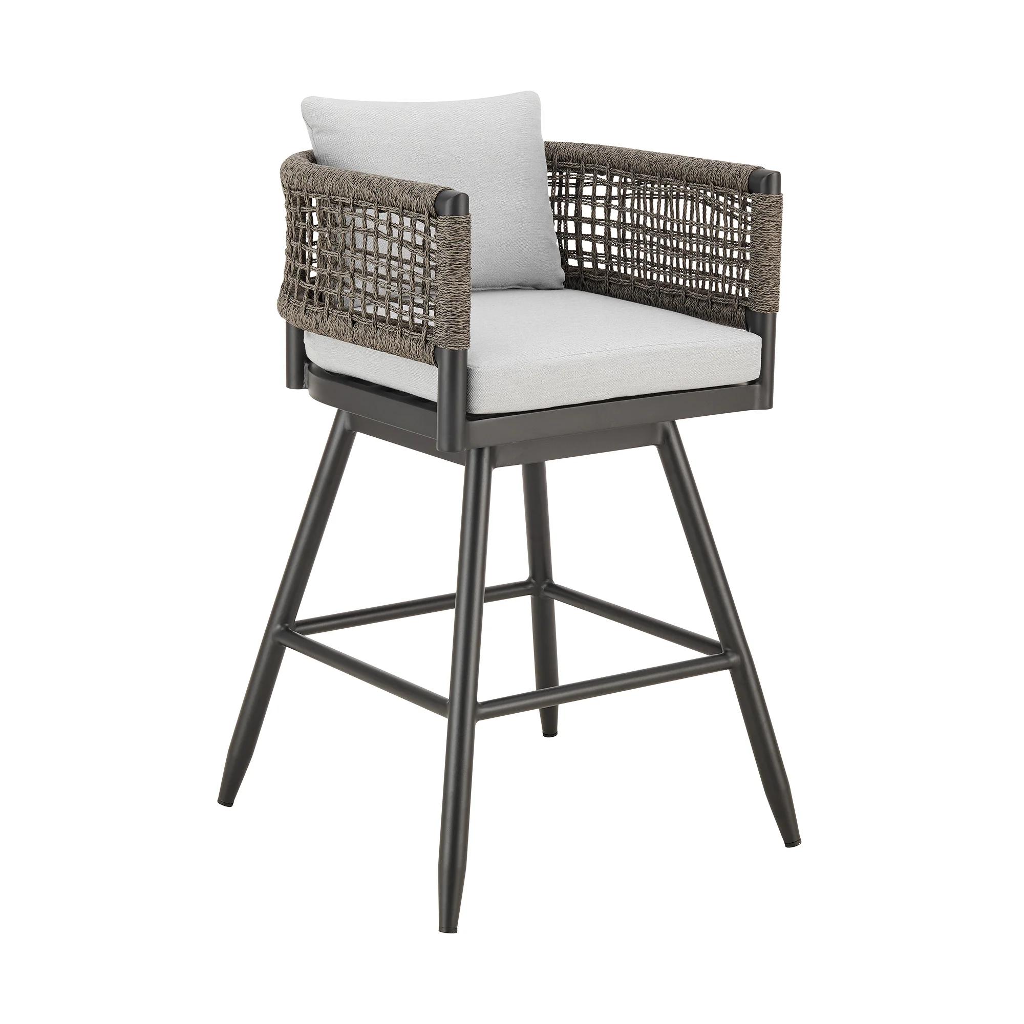 Alegria Outdoor Patio Swivel Bar Stool in Aluminum with Gray Rope and Light Gray Cushions By Armen Living - Image 2