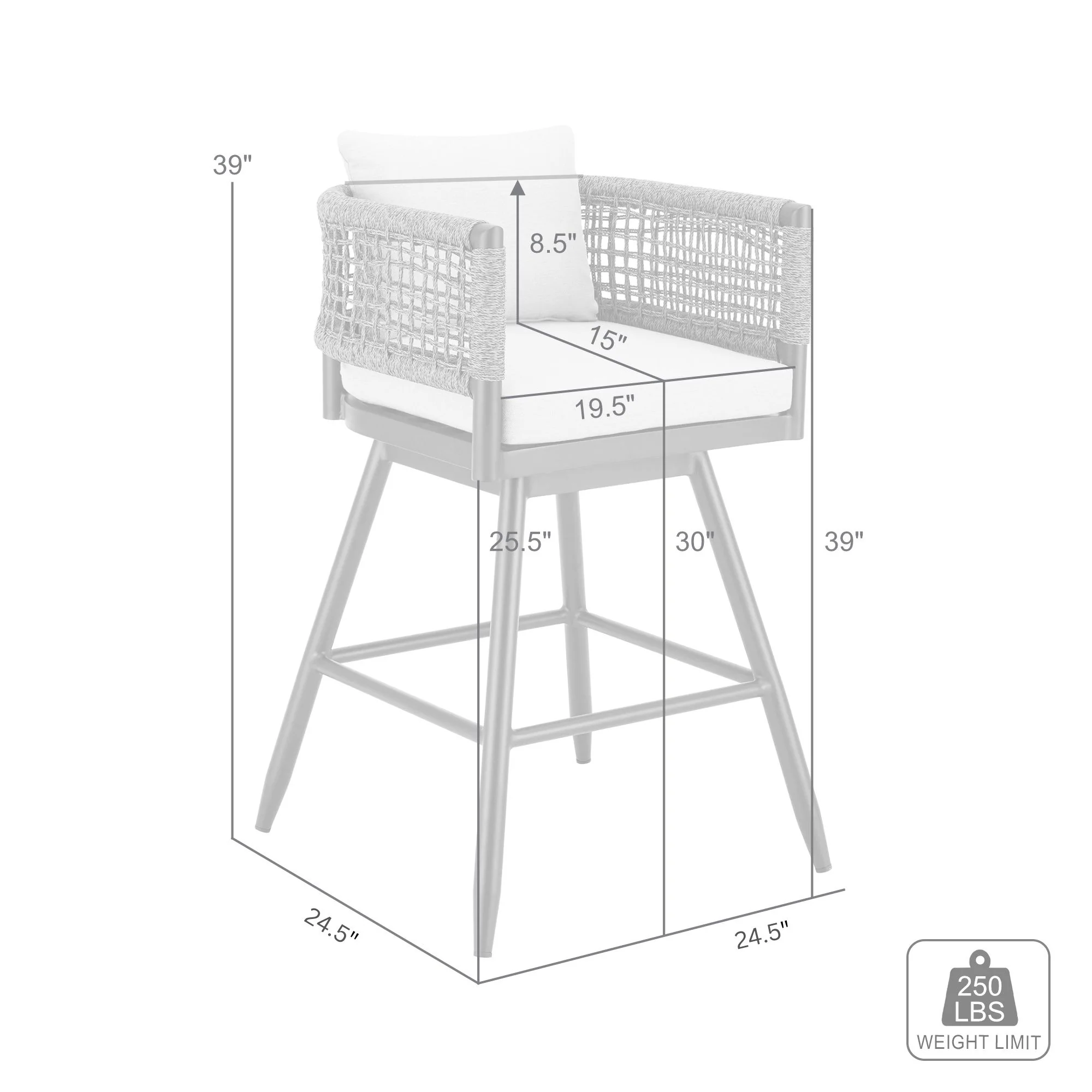 Alegria Outdoor Patio Swivel Bar Stool in Aluminum with Gray Rope and Light Gray Cushions By Armen Living - Image 8