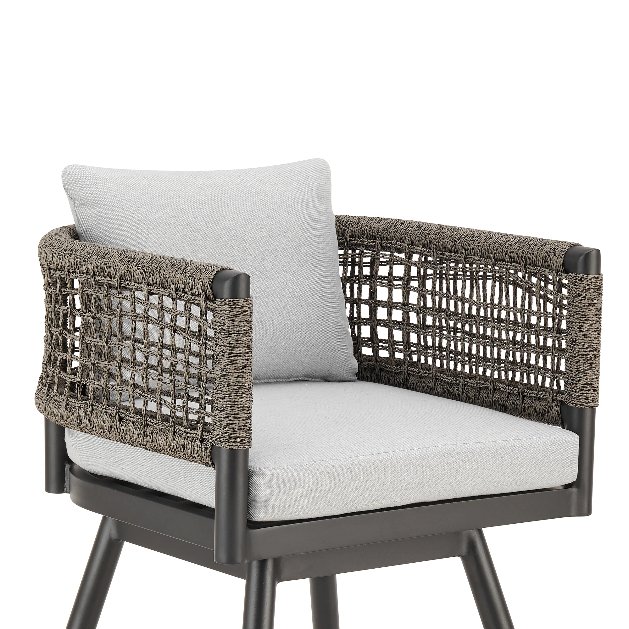 Alegria Outdoor Patio Swivel Counter Stool in Aluminum with Gray Rope and Light Gray Cushions By Armen Living - Image 5