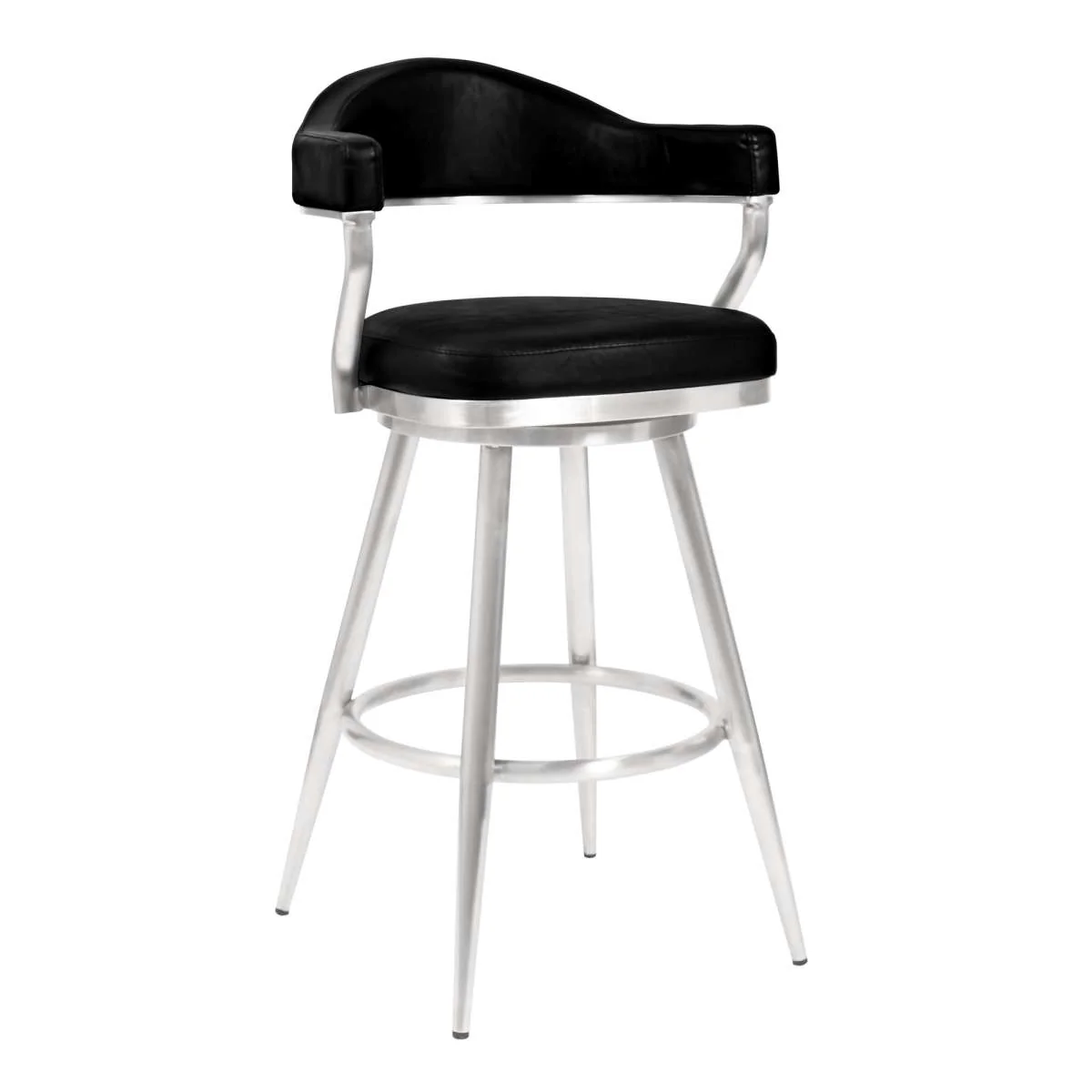 Amador 26" Counter Height Barstool in Brushed Stainless Steel and Vintage Black Faux Leather By Armen Living - Image 2
