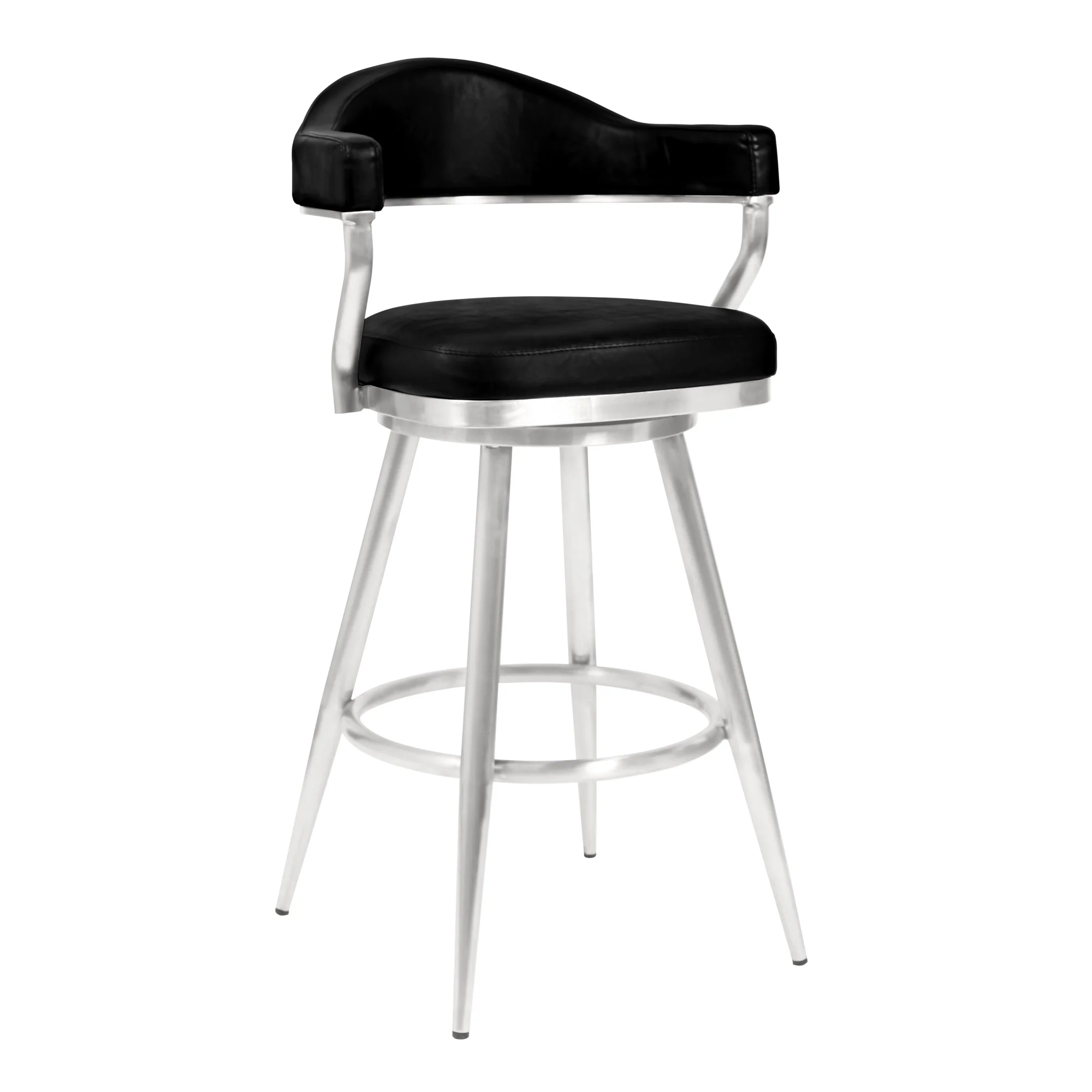 Amador 30" Bar Height Barstool in Brushed Stainless Steel and Vintage Black Faux Leather By Armen Living - Image 2