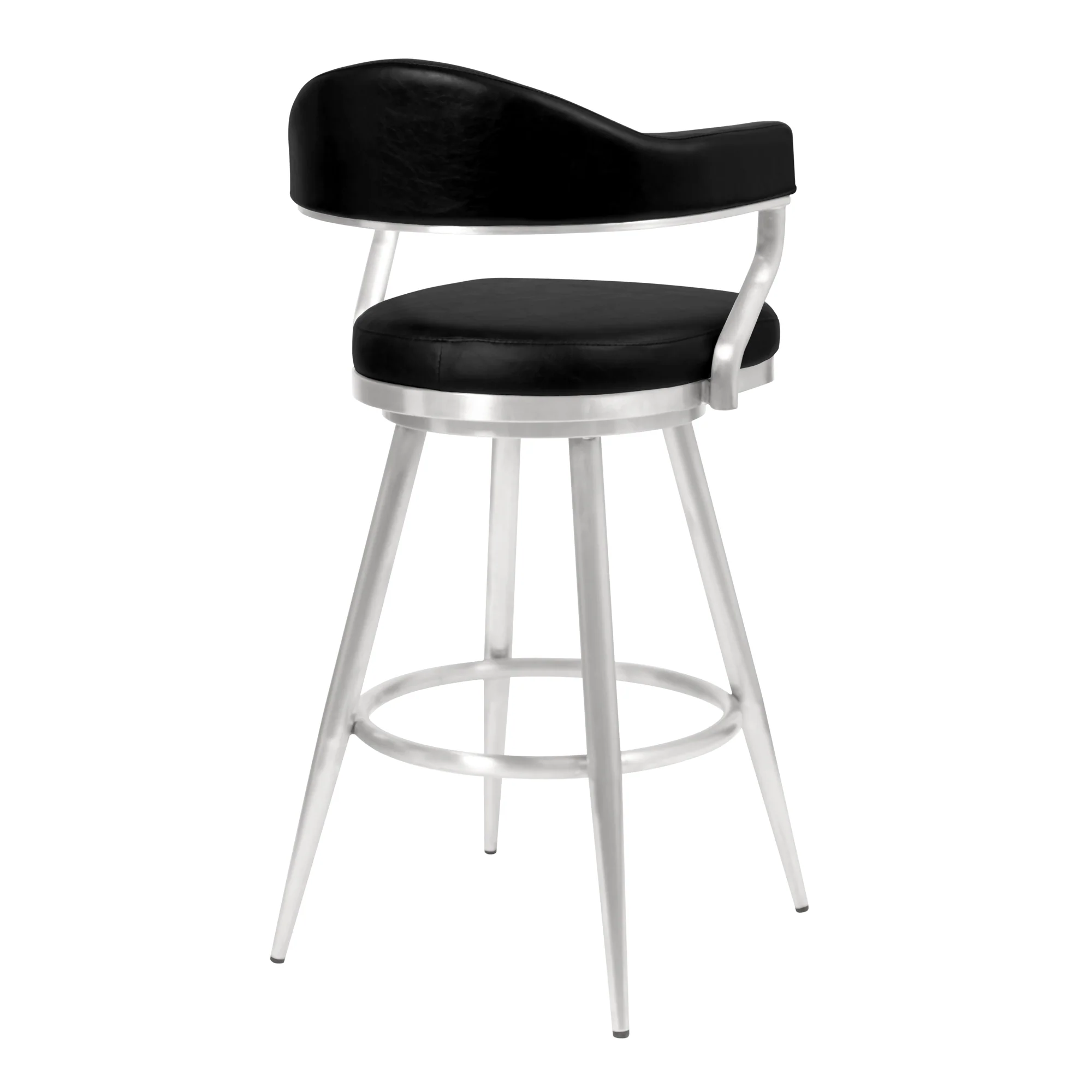 Amador 30" Bar Height Barstool in Brushed Stainless Steel and Vintage Black Faux Leather By Armen Living - Image 3