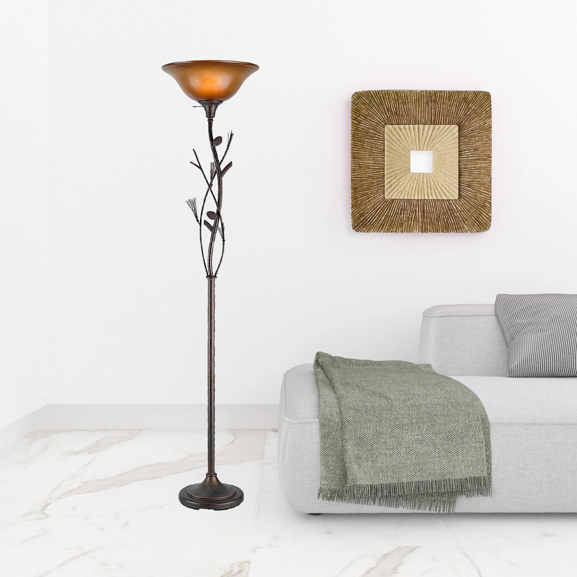 Amber Torchiere Floor Lamp With Brown Glass Dome Shade By Homeroots - Image 2