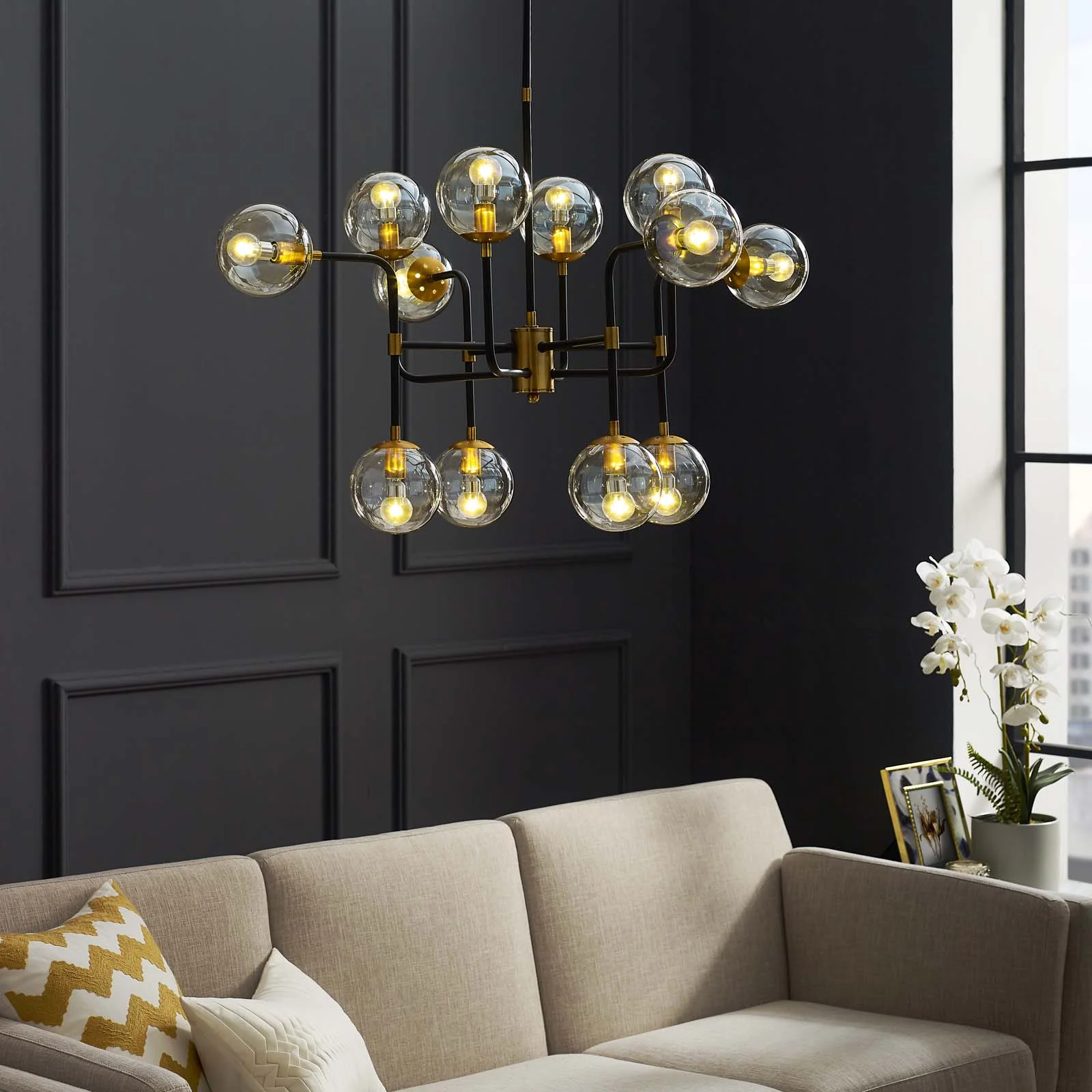 Ambition Amber Glass And Antique Brass 12 Light Pendant Chandelier By Modway - EEI-2884 - Image 4