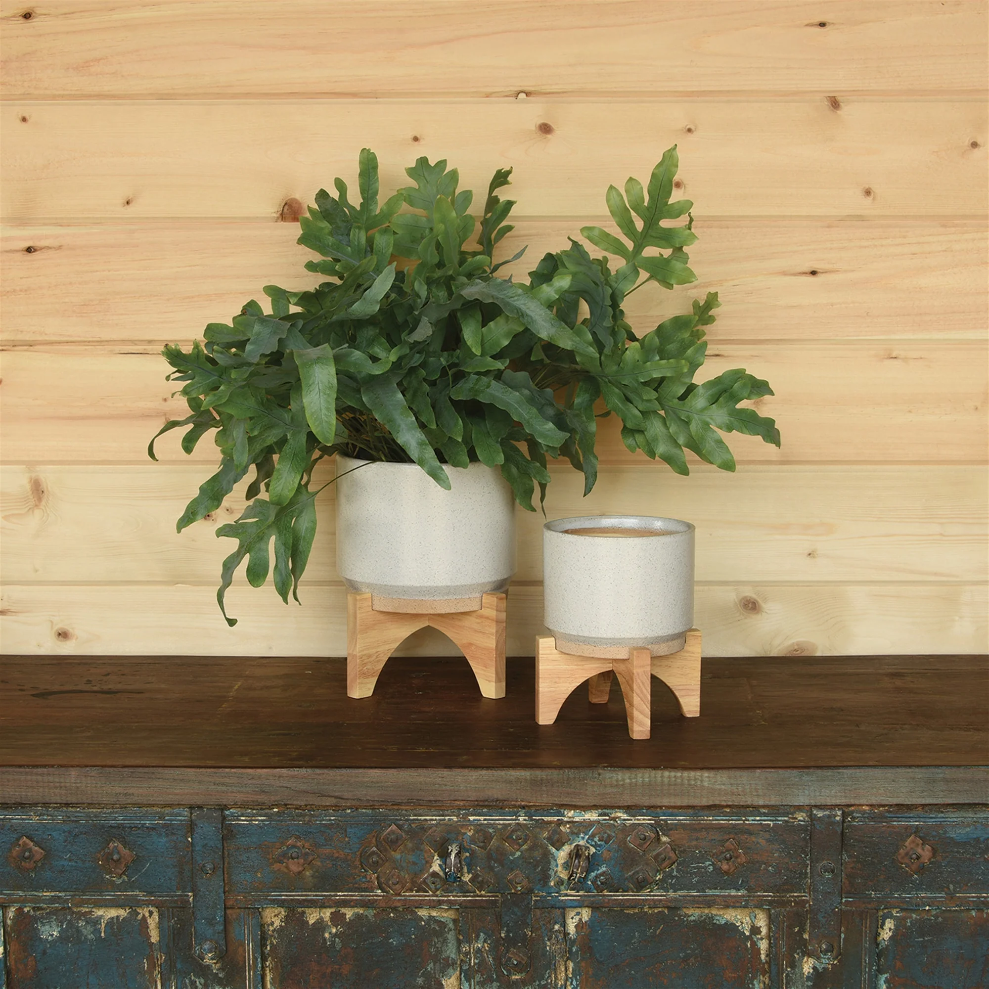Ames Cachepot, Ceramic with Wood - Small - White, Natural Set Of 3 By HomArt - Image 3