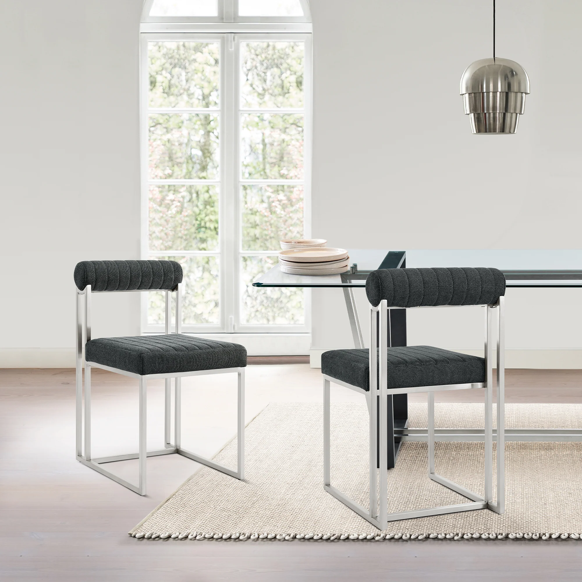 Anastasia Dining Chair with Brushed Stainless Steel and Light Gray Fabric - Set of 2 By Armen Living - Image 13
