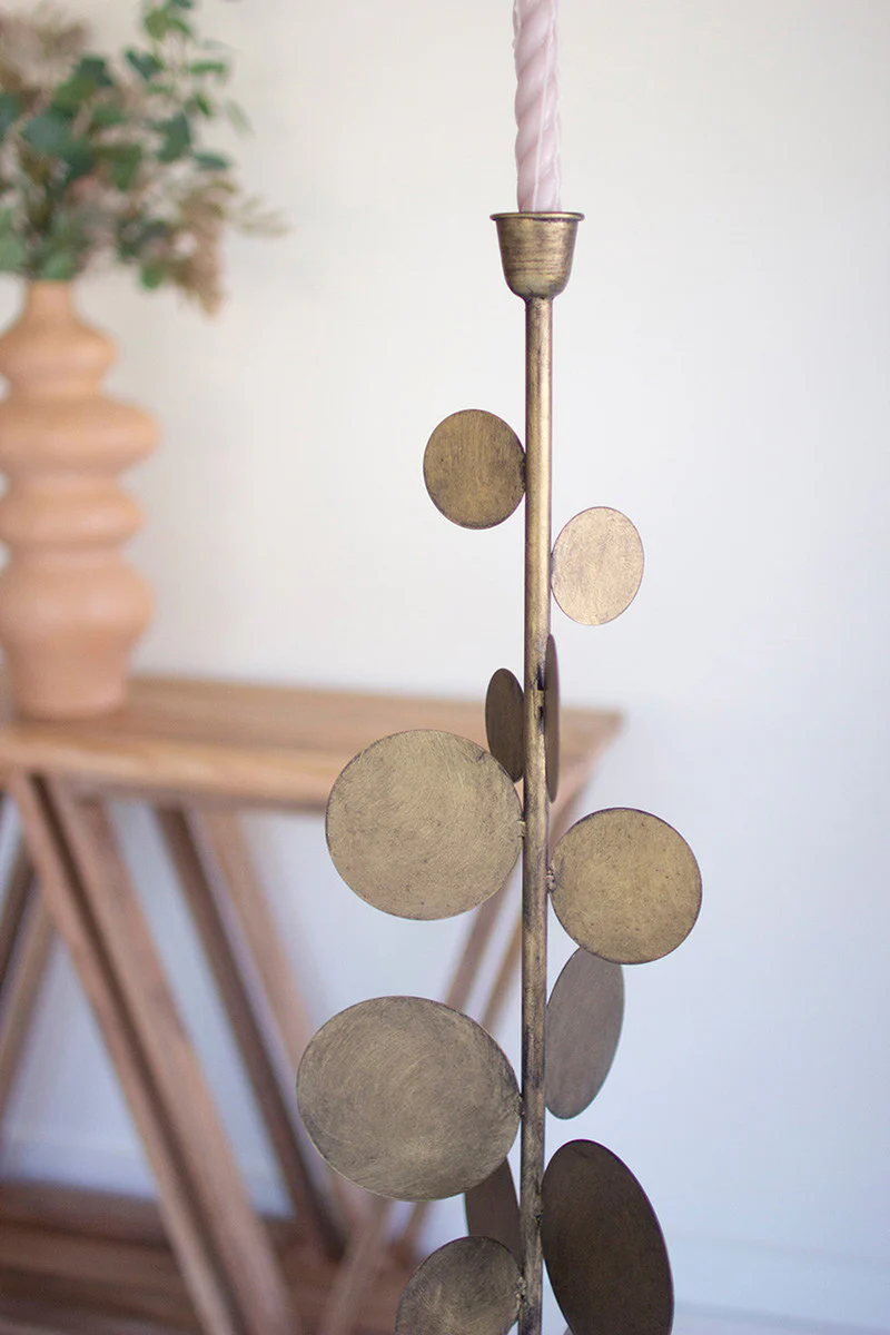 Antique Brass Candle Holders With Round Discs Detail Set Of 2 By Kalalou - Image 2