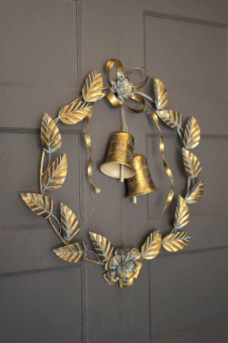 Antique Brass Christmas Door Wreath Leaves And Bells (Min 2) By Kalalou - Image 2