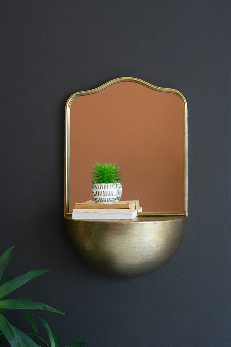 Antique Brass Metal Framed Mirror With Demi-Lune Shelf By Kalalou - Image 3