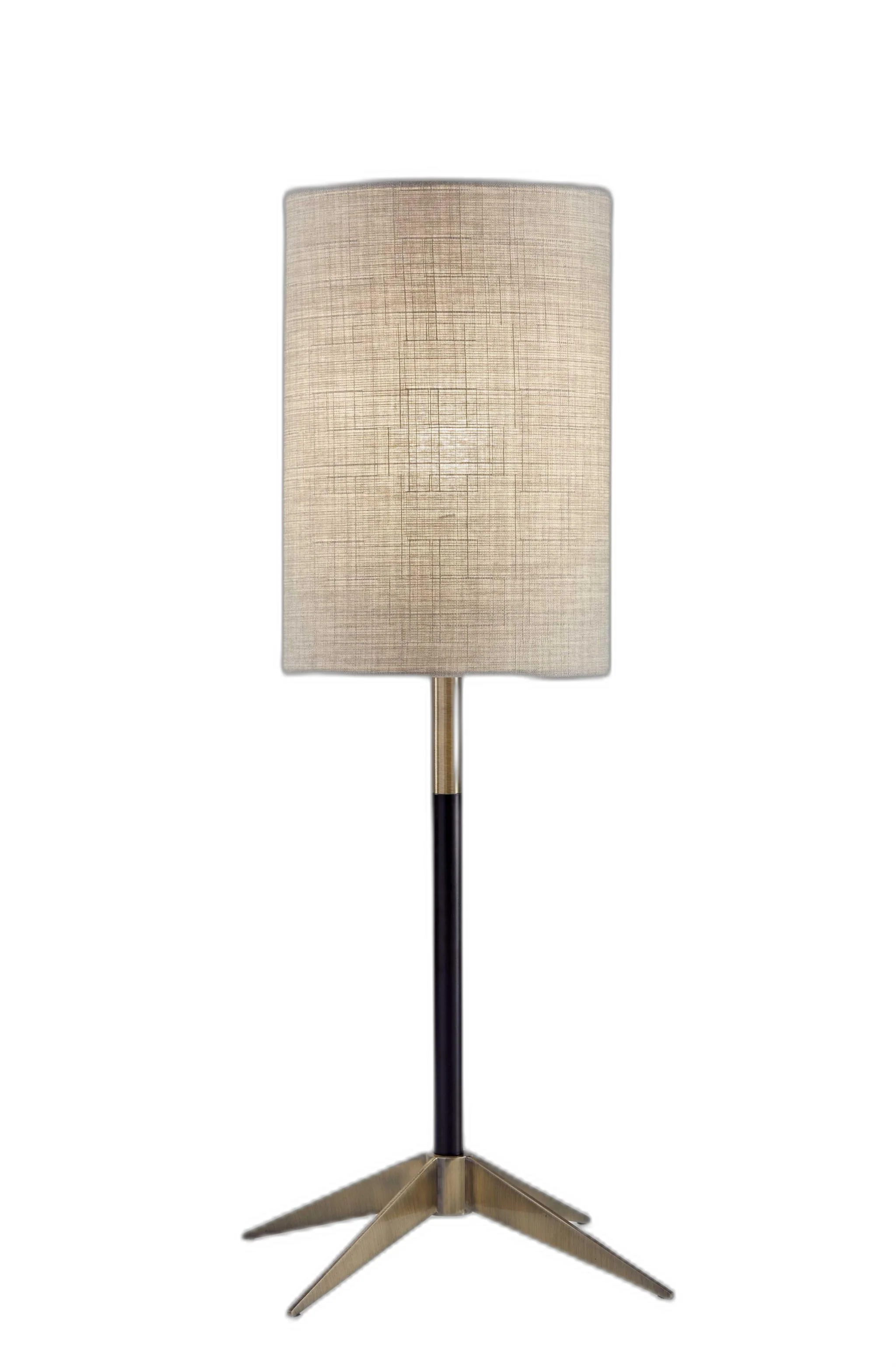 Antique Brass Metal Tripod Base with Matte Black Accent and Tall Natural Fabric Shade Table Lamp By Homeroots - Image 2