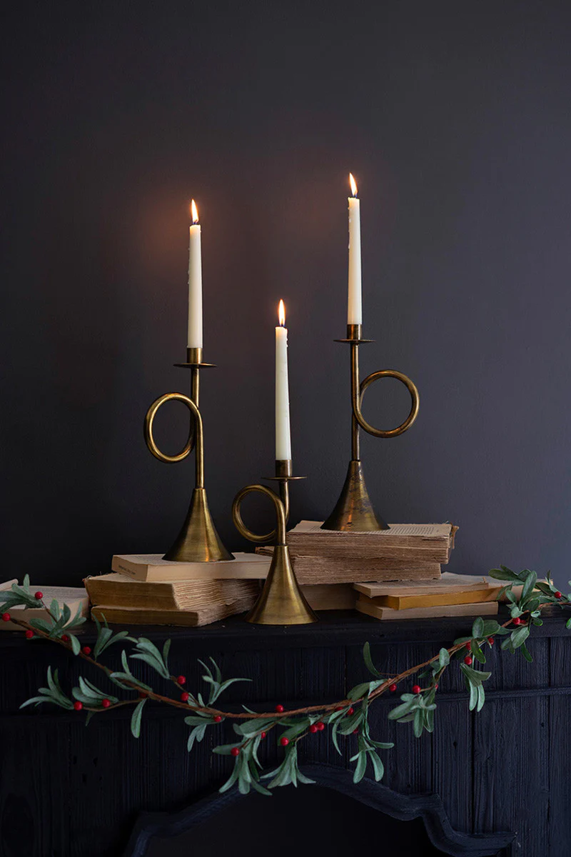 Antique Brass Trumpet Taper Candle Holders Set Of 3 By Kalalou - Image 2