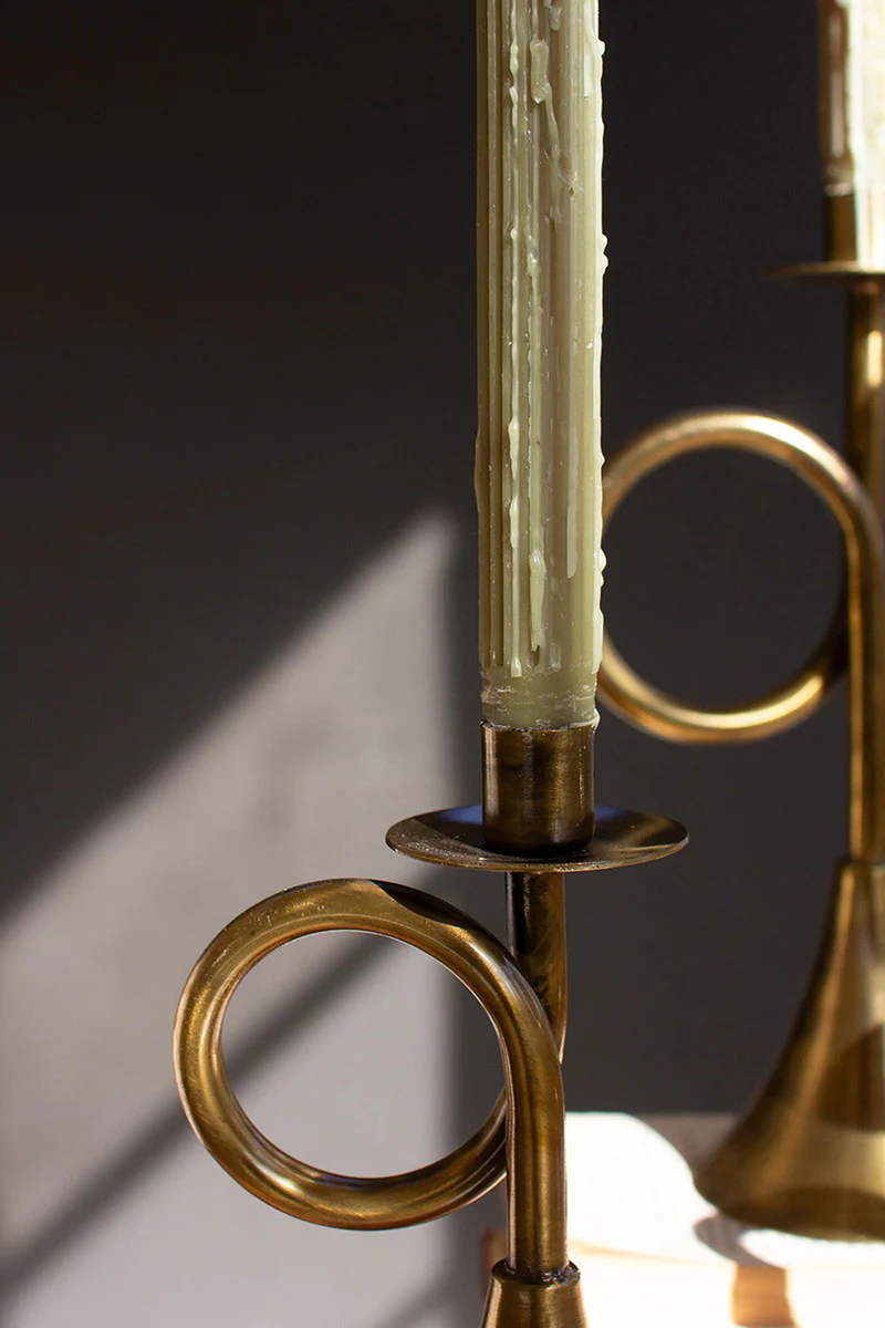 Antique Brass Trumpet Taper Candle Holders Set Of 3 By Kalalou - Image 3