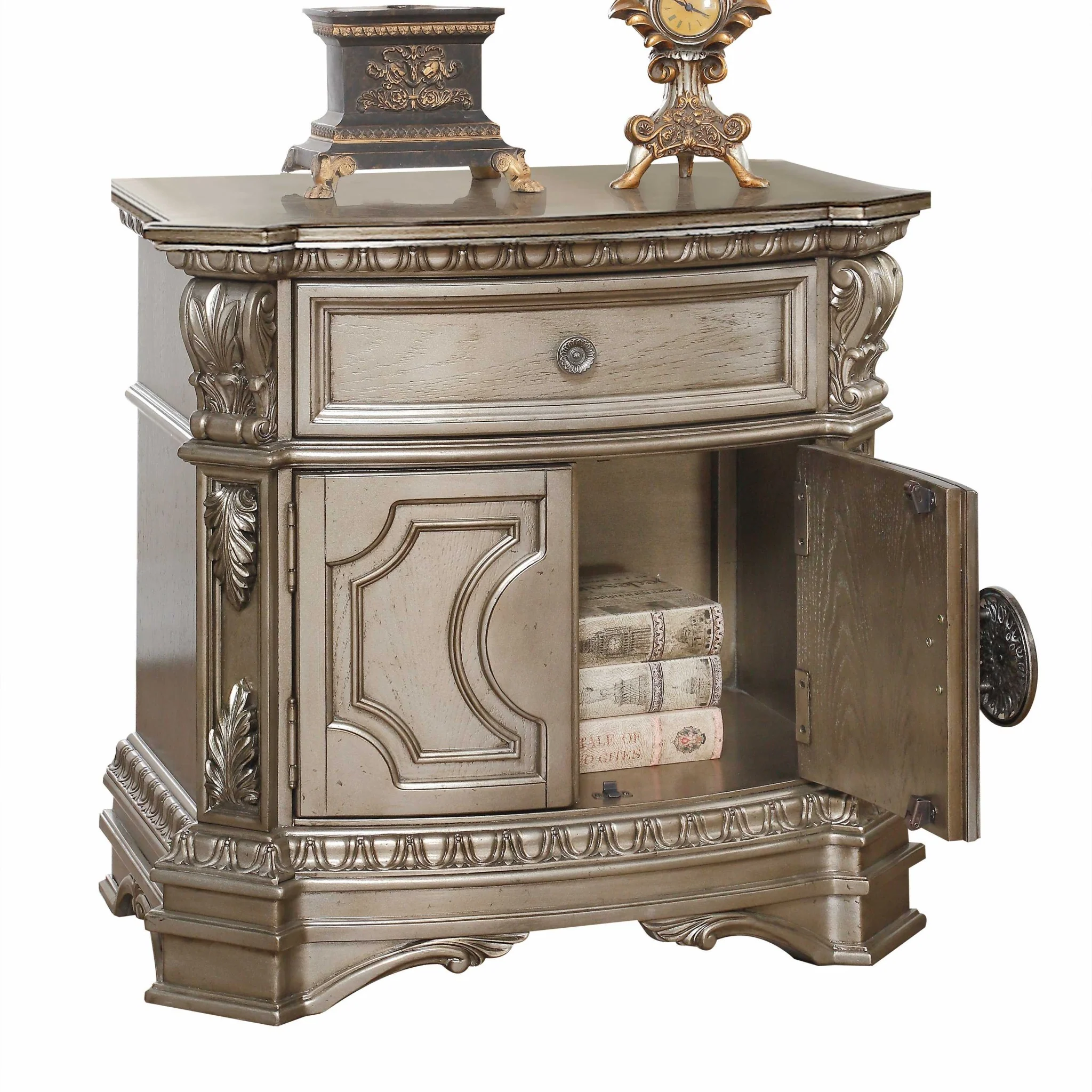 Antique Champagne Wood Poly Resin Nightstand Wwooden Top By Homeroots - Image 2