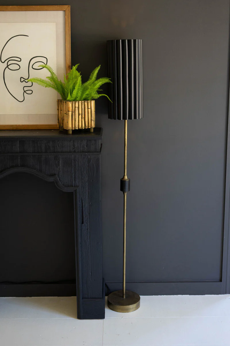 Antique Gold Floor Lamp With Fluted Black Metal Shade By Kalalou - Image 3