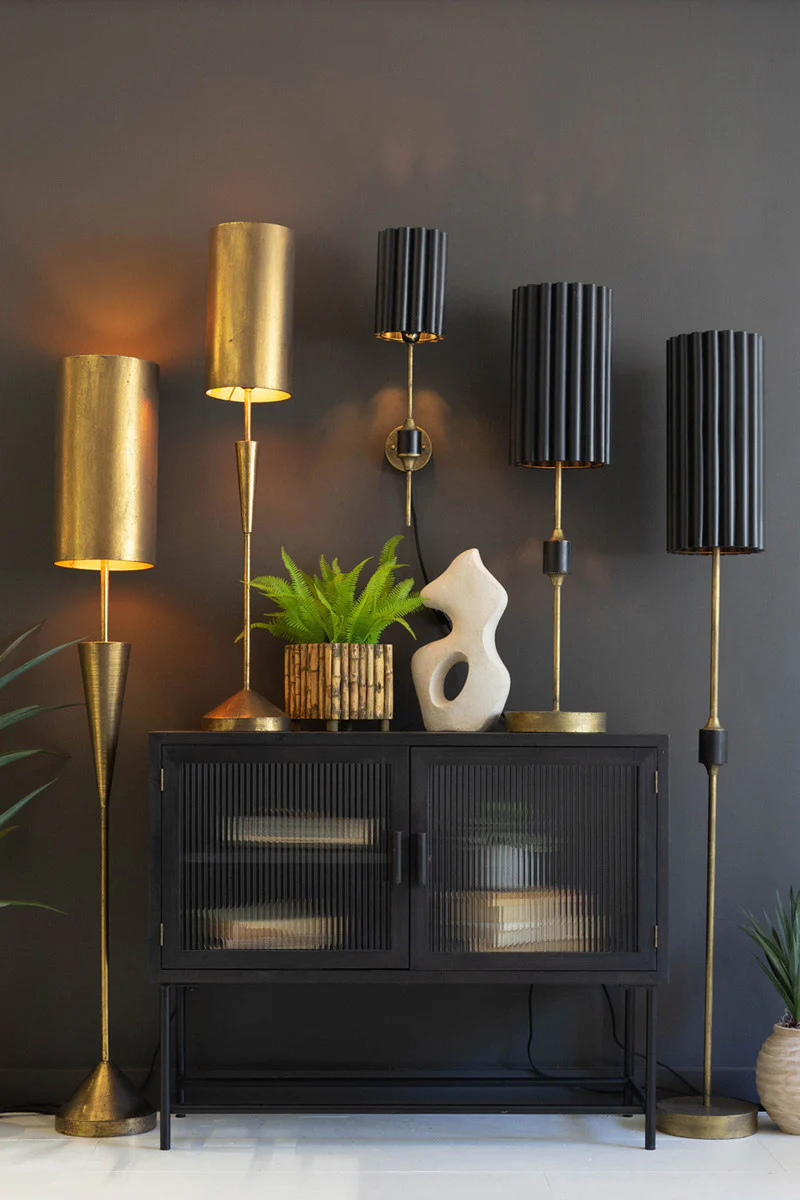 Antique Gold Floor Lamp With Fluted Black Metal Shade By Kalalou - Image 5