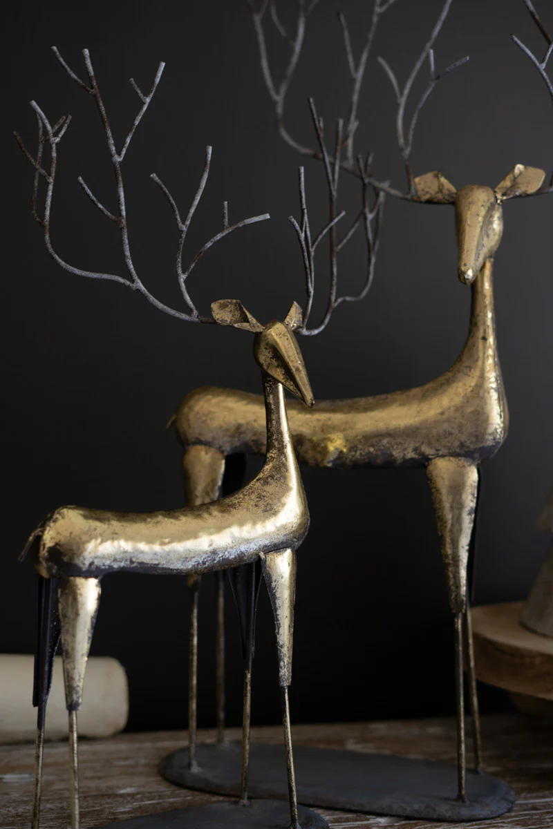 Antique Gold Metal Christmas Deer Set Of 2 By Kalalou - Image 2