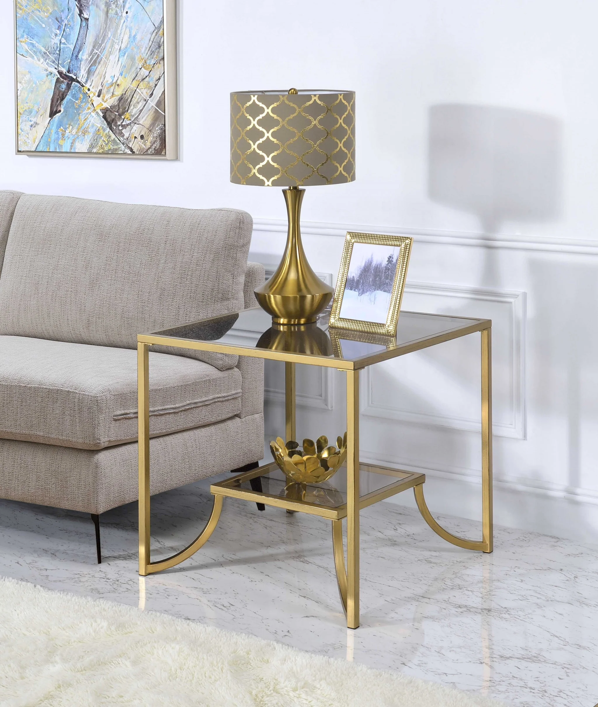 Antique Gold Smoky Glass Metal End Table By Homeroots - Image 3