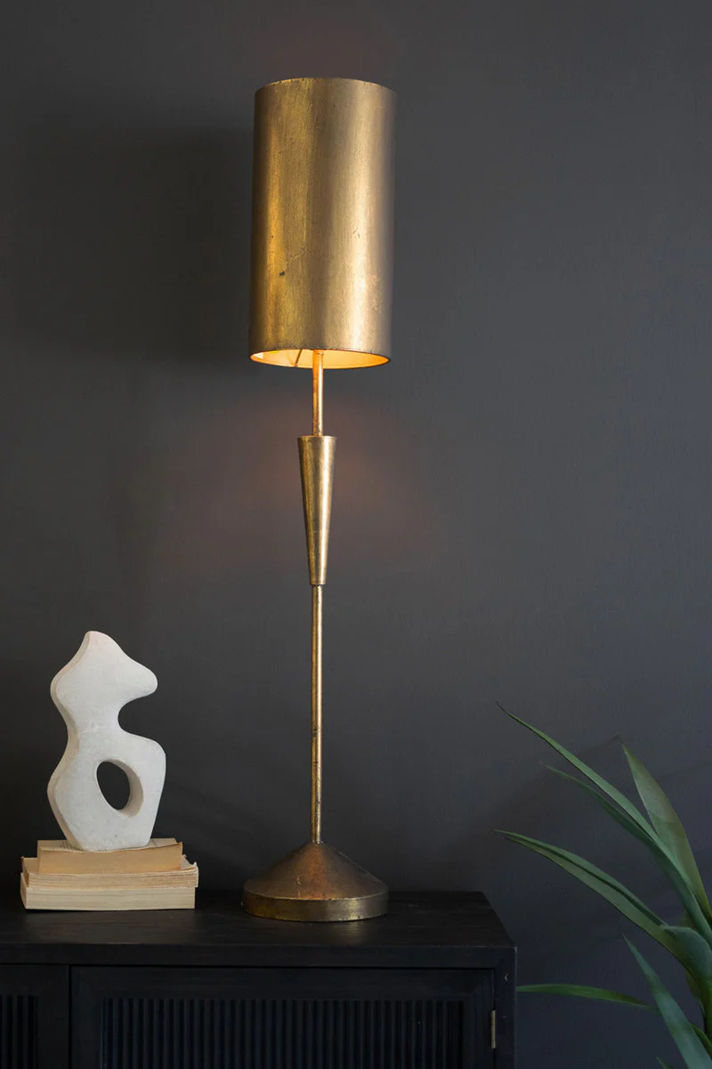 Antique Gold Table Lamp With Metal Barrel Shade By Kalalou - Image 3