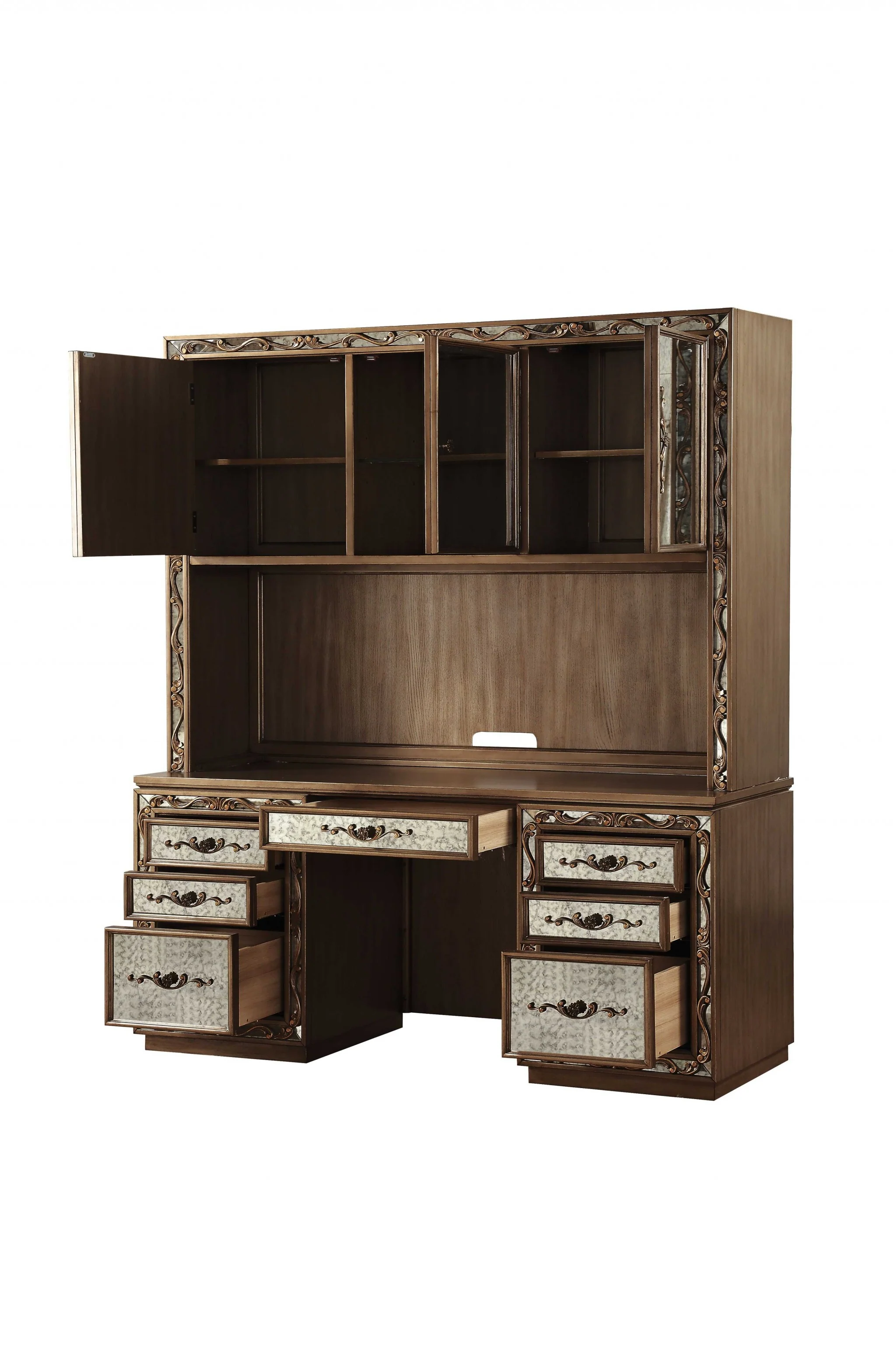 Antique Gold Wood Glass Mirror Computer Desk Hutch By Homeroots - Image 3