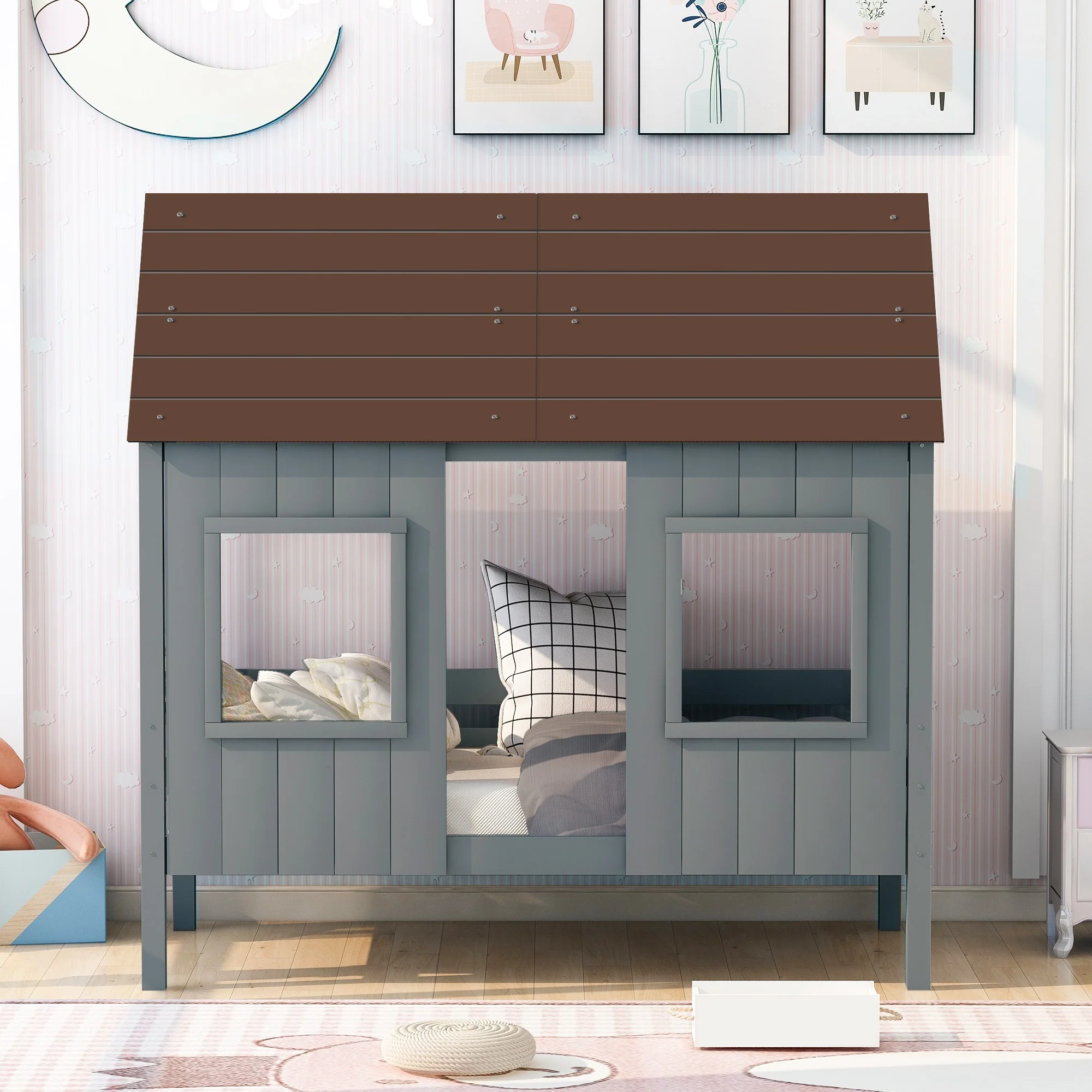 Antique Gray Twin Size Low Loft Wooden House Bed By Homeroots - Image 2