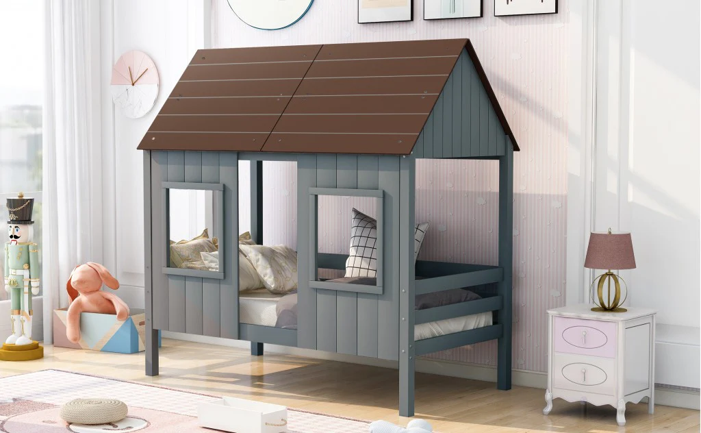 Antique Gray Twin Size Low Loft Wooden House Bed By Homeroots - Image 3