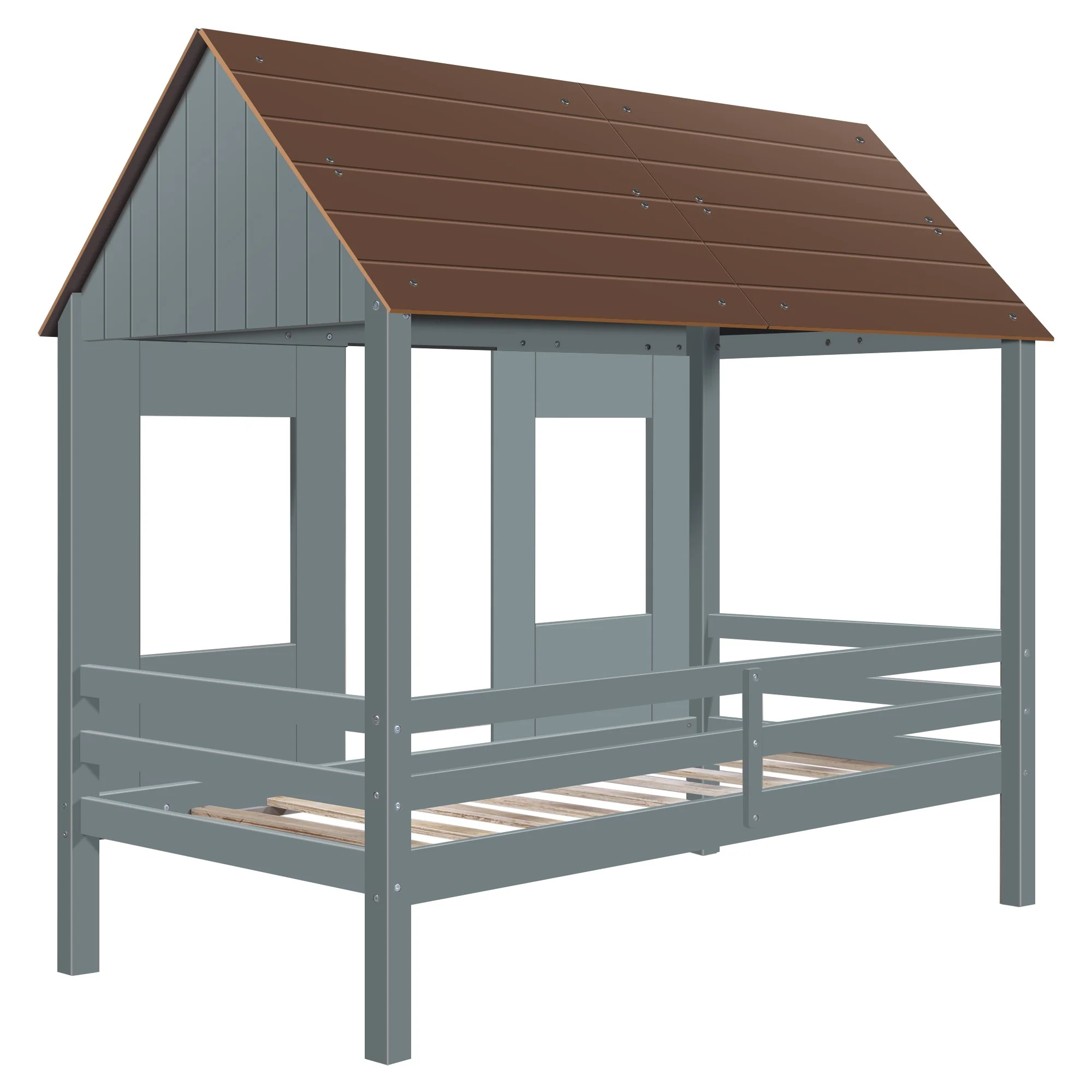 Antique Gray Twin Size Low Loft Wooden House Bed By Homeroots - Image 9