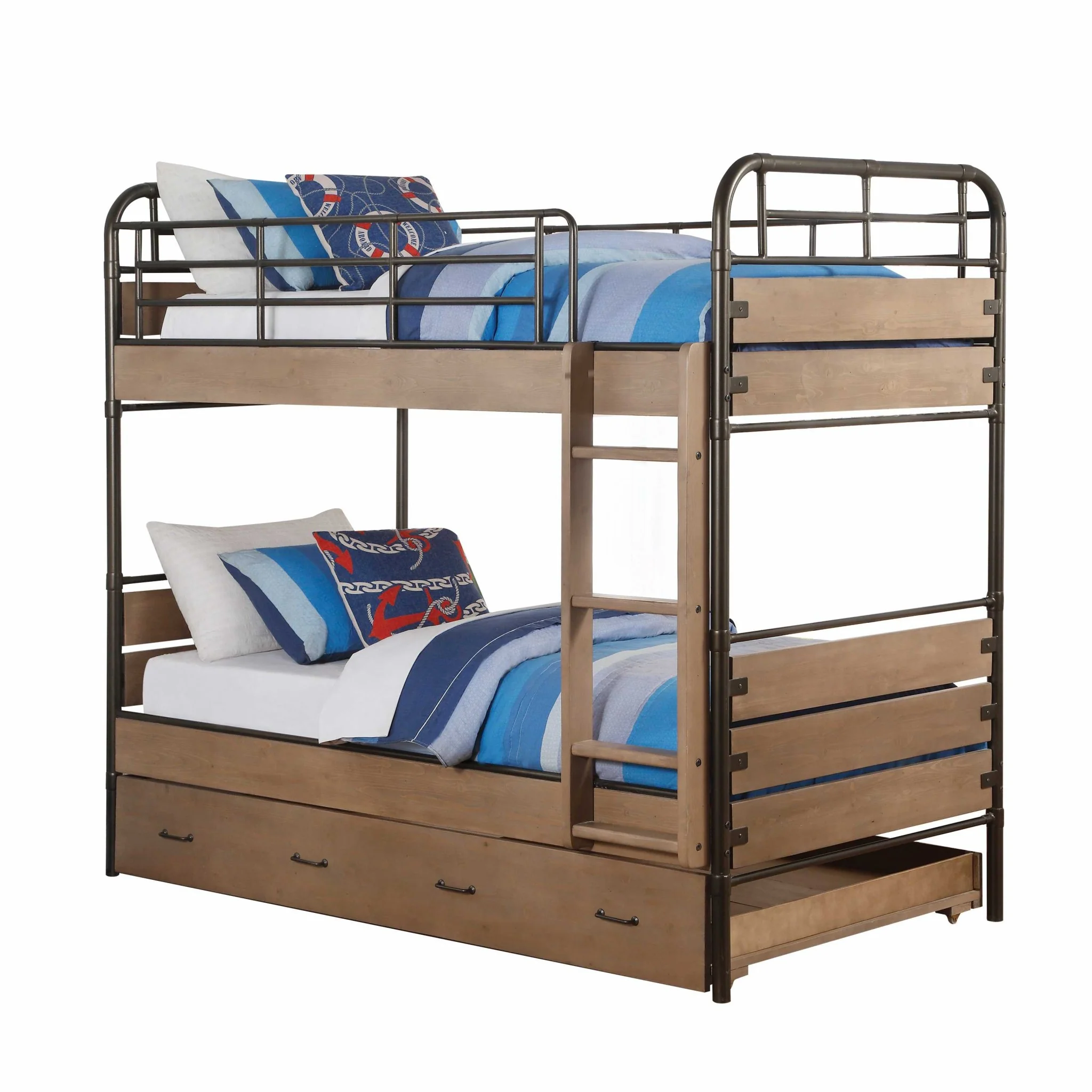 Antique Oak And Gunmetal Twin Over Twin Bunk Bed By Homeroots - Image 2