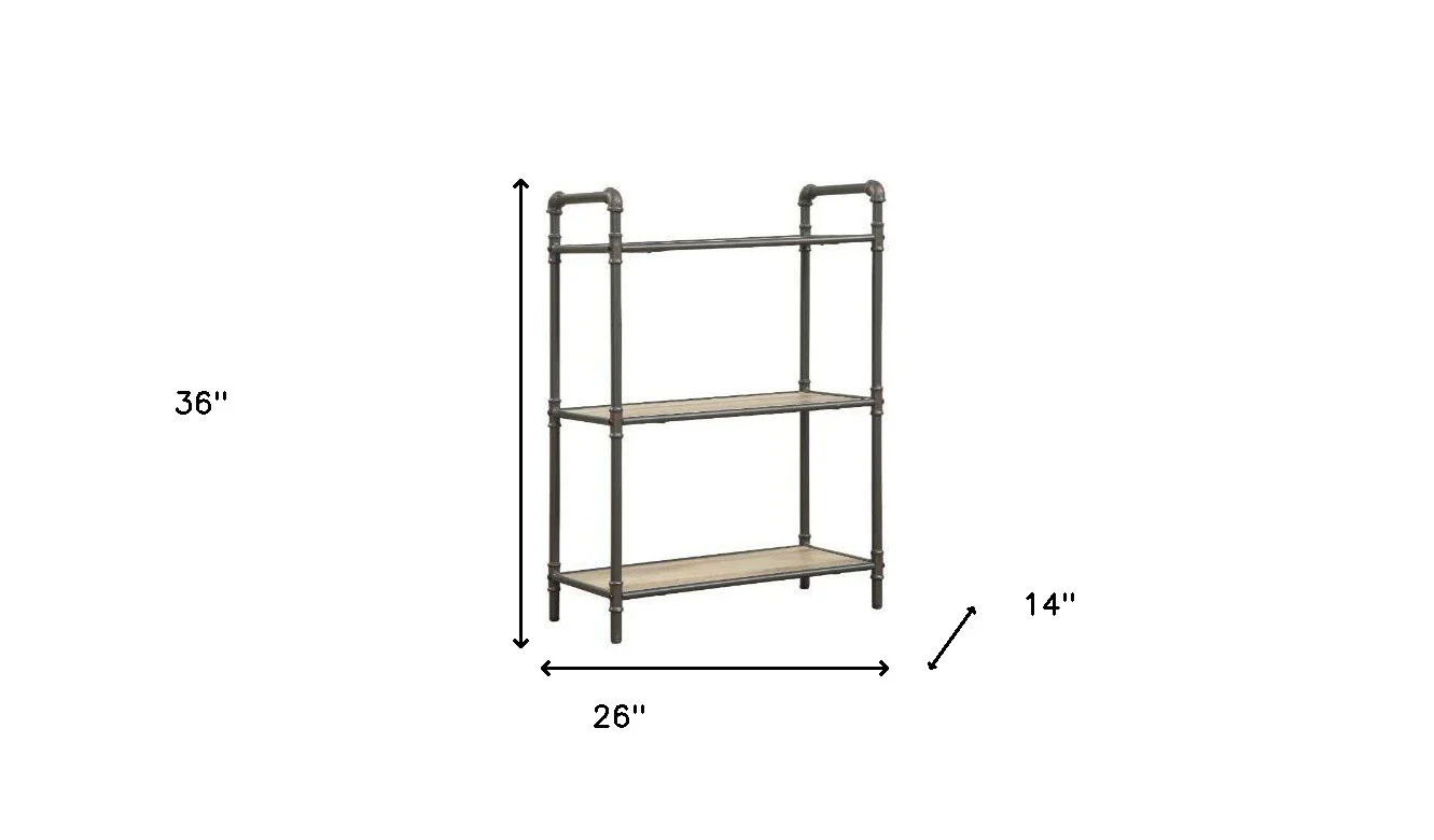 Antique Oak and Sandy Gray Metal Three Tier Standard Bookcase By Homeroots - Image 2