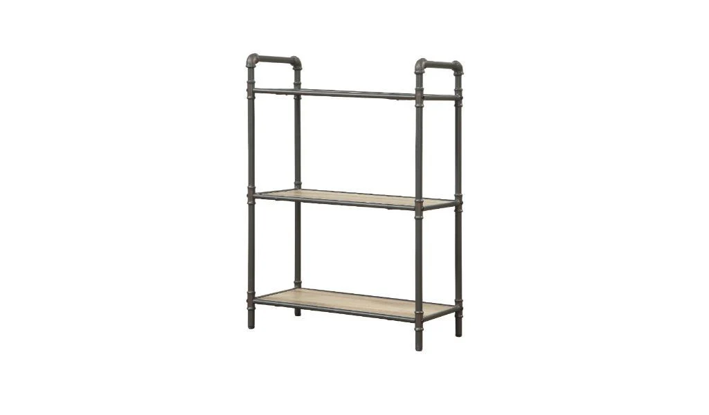 Antique Oak and Sandy Gray Metal Three Tier Standard Bookcase By Homeroots - Image 3