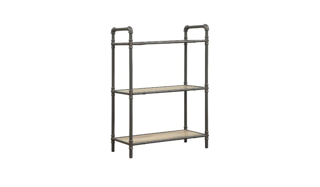 Antique Oak and Sandy Gray Metal Three Tier Standard Bookcase By Homeroots - Image 4