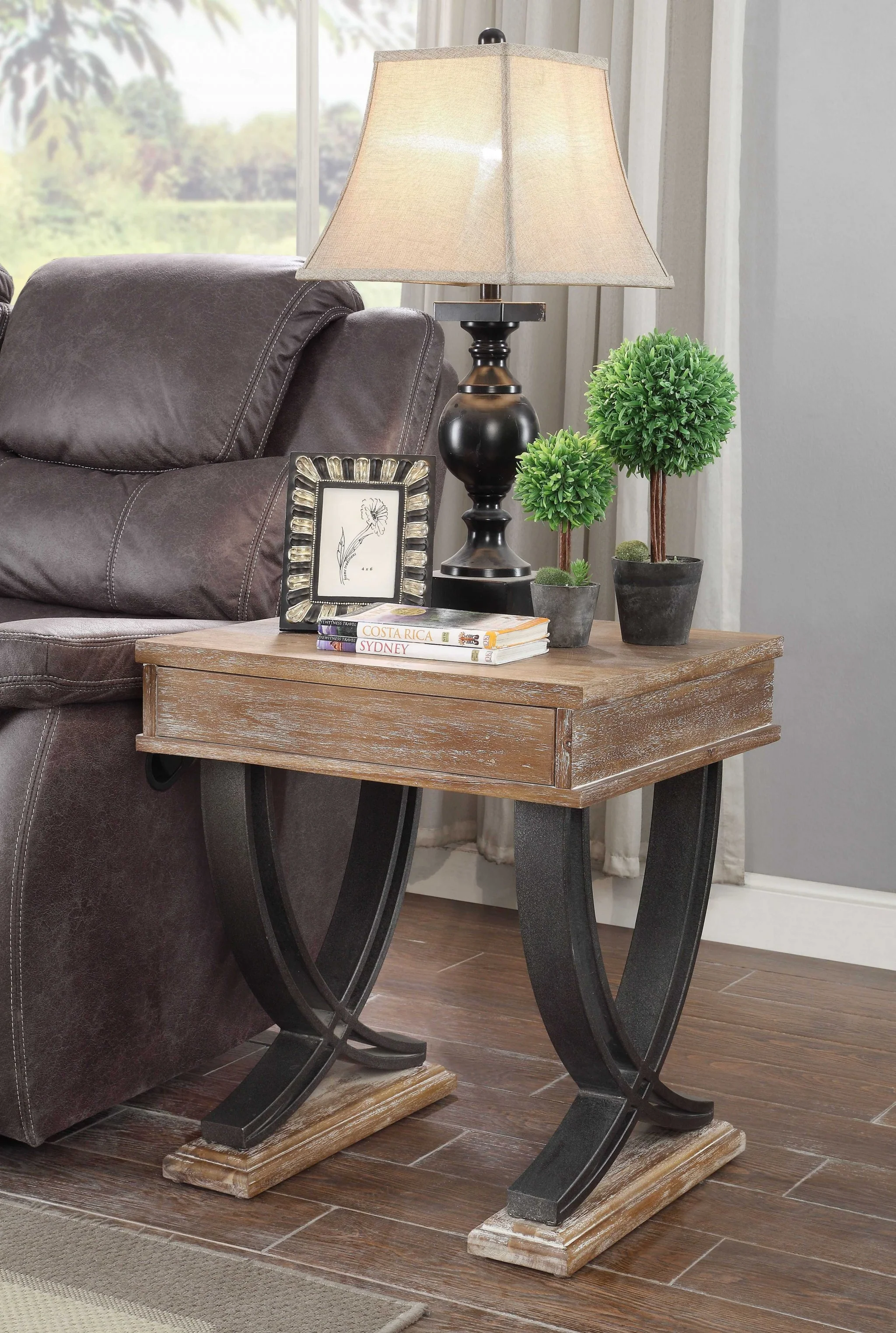 Antique Oak Black Wood Metal End Table By Homeroots - Image 2