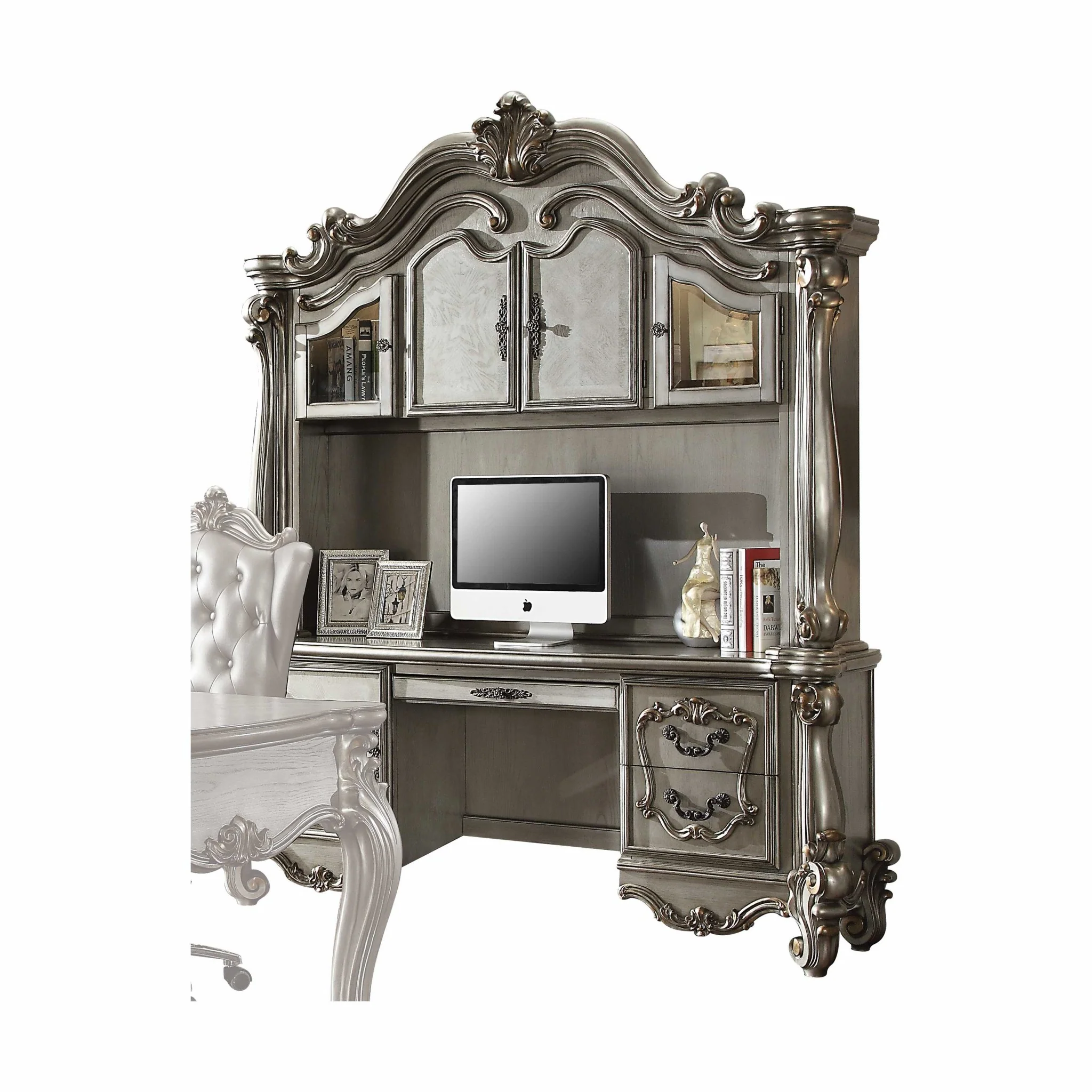 Antique Platinum Wood Poly Resin Glass Computer Desk & Hutch By Homeroots - Image 2