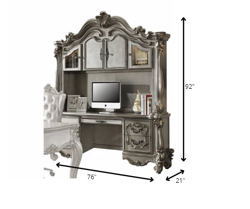 Antique Platinum Wood Poly Resin Glass Computer Desk & Hutch By Homeroots - Image 3