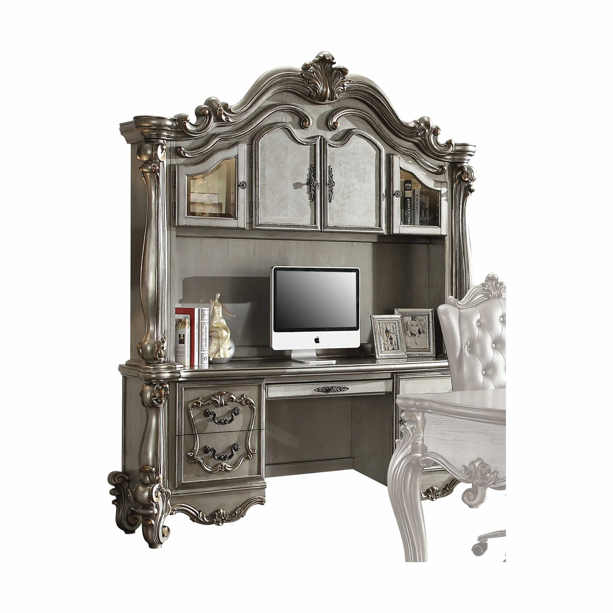 Antique Platinum Wood Poly Resin Glass Computer Desk & Hutch By Homeroots - Image 4