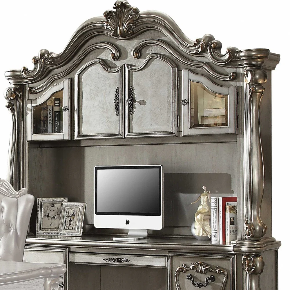 Antique Platinum Wood Poly Resin Glass Computer Desk & Hutch By Homeroots - Image 5