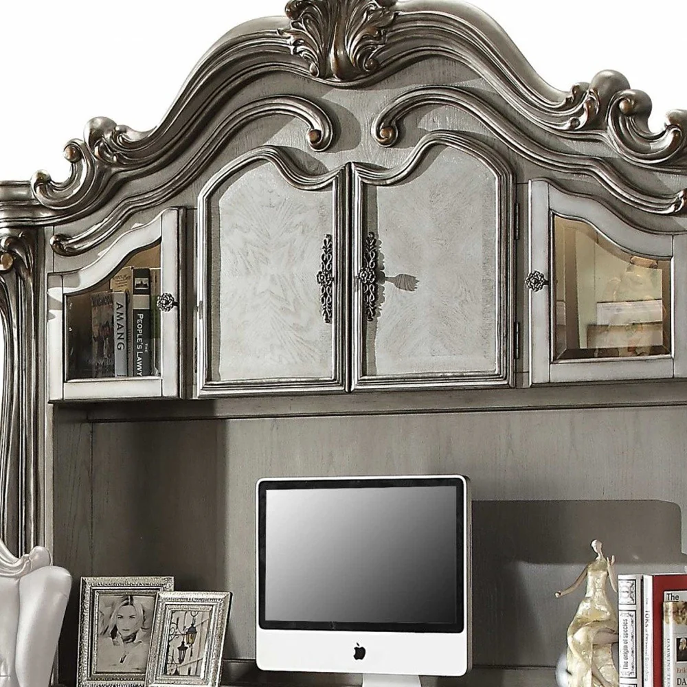 Antique Platinum Wood Poly Resin Glass Computer Desk & Hutch By Homeroots - Image 6
