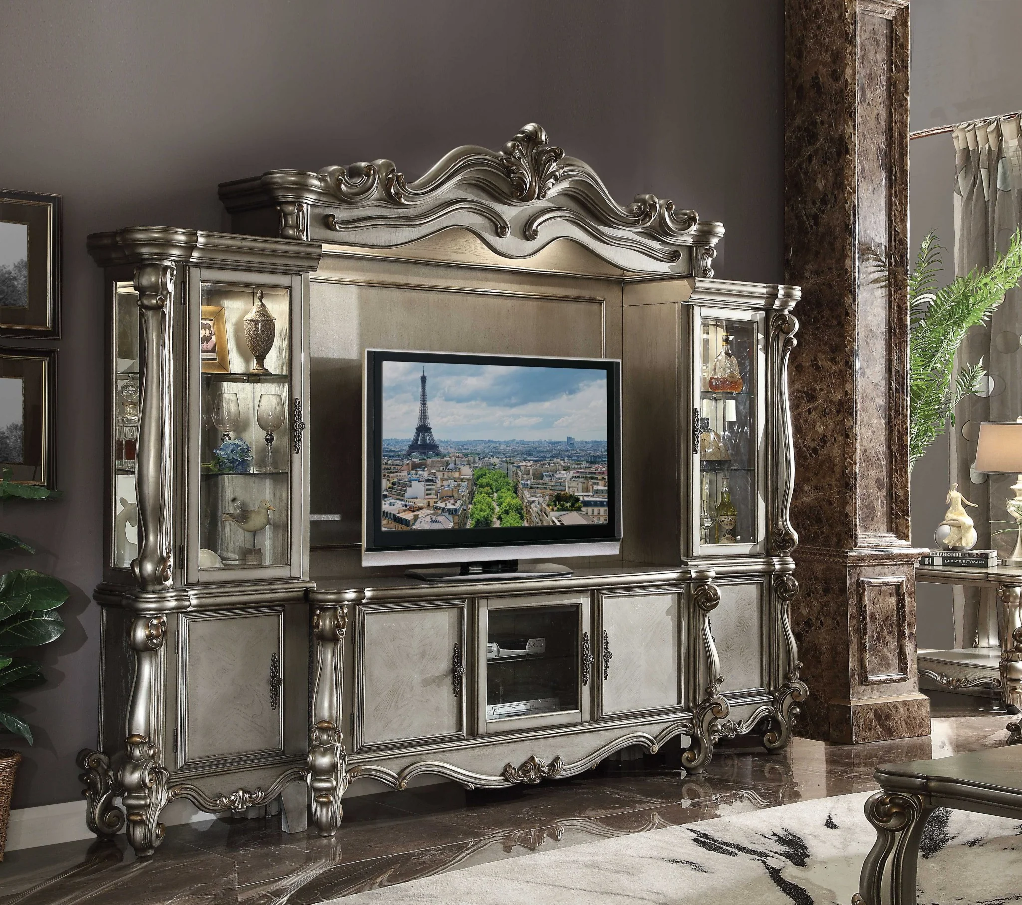 Antique Platinum Wood Poly Resin Glass TV Console By Homeroots - Image 2
