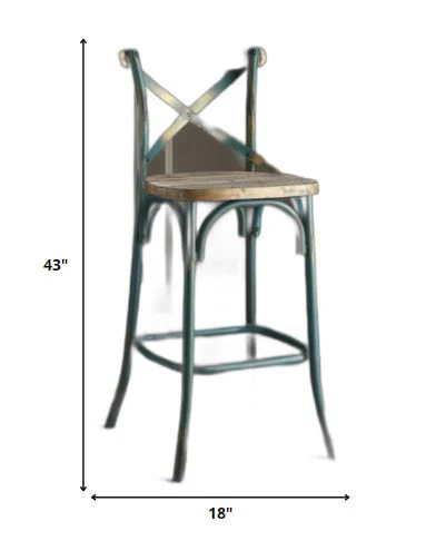 Antique Turquoise & Oak Wood Bar Chair By Homeroots - Image 6