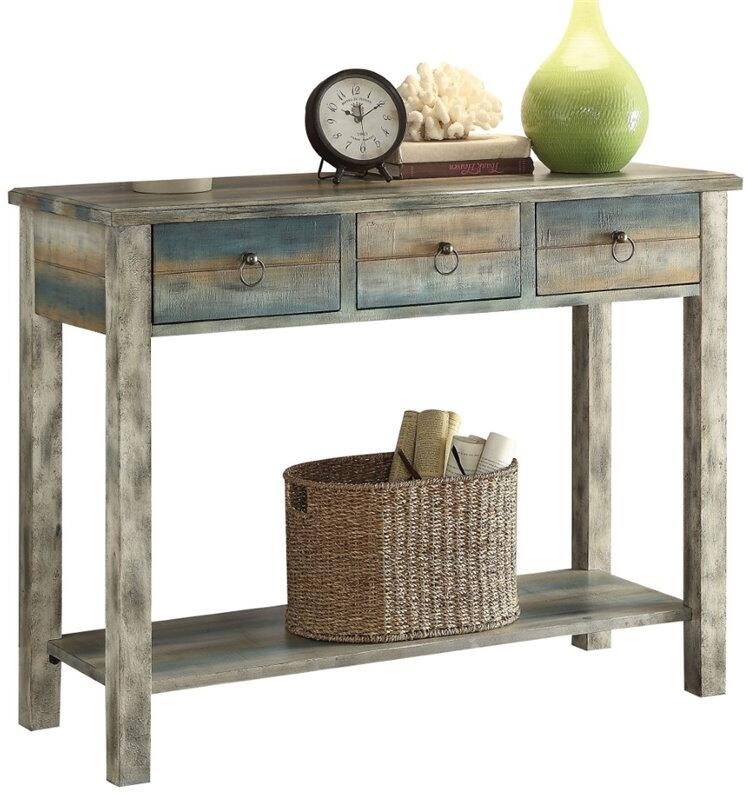 Antique White And Teal Wooden Console Table By Homeroots - Image 2