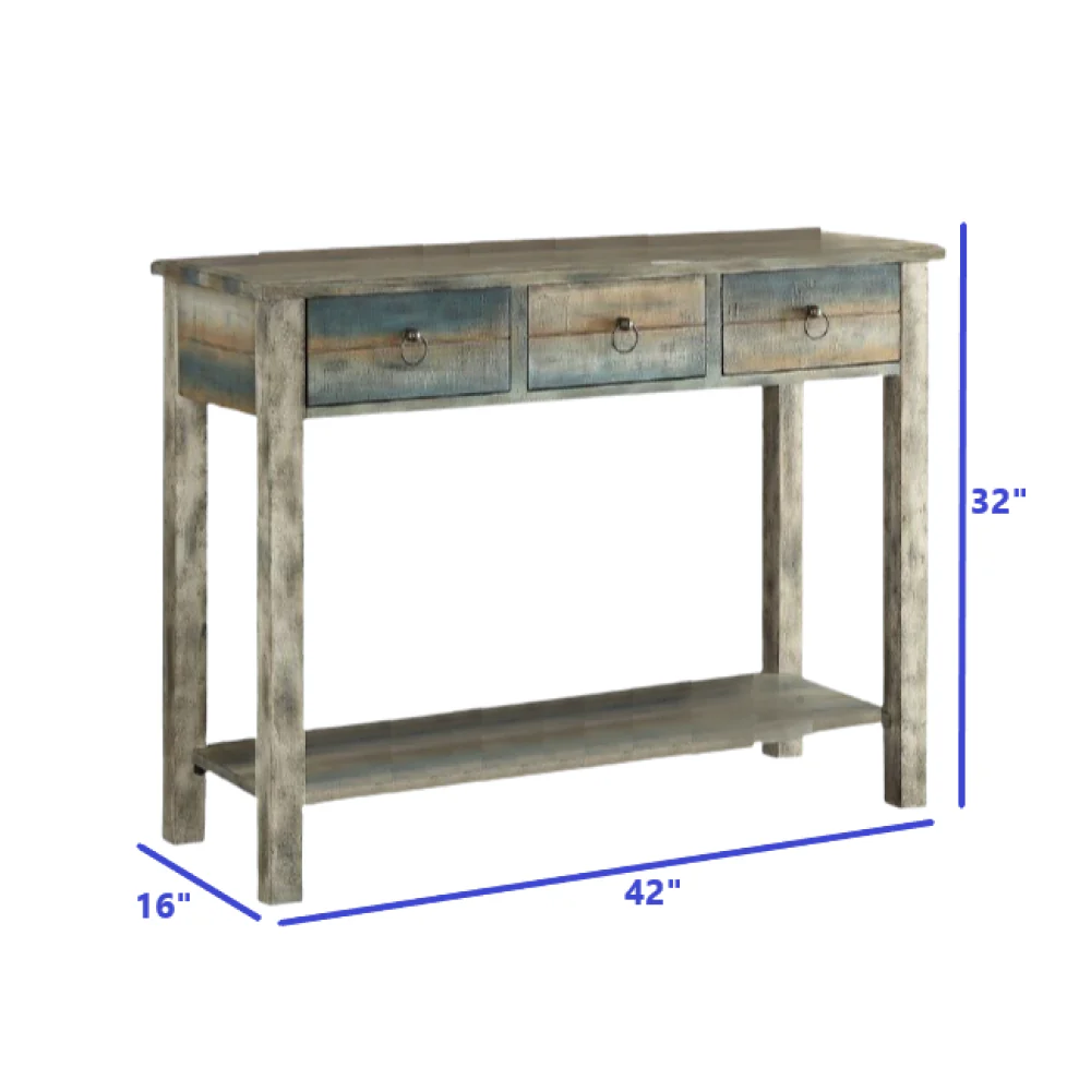 Antique White And Teal Wooden Console Table By Homeroots - Image 3