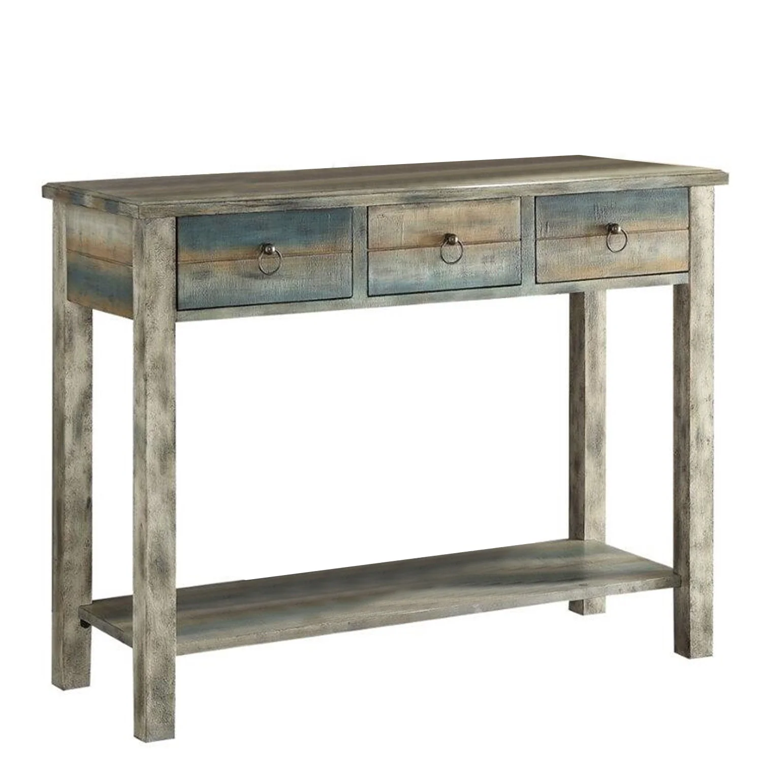 Antique White And Teal Wooden Console Table By Homeroots - Image 4