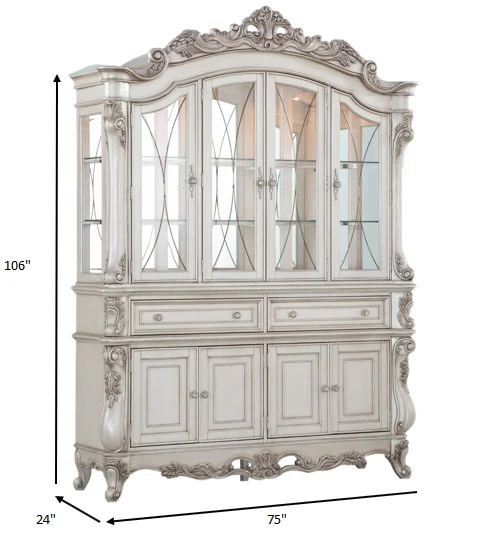 Antique White Wood Glass Mirror Hutch Buffet By Homeroots - Image 4