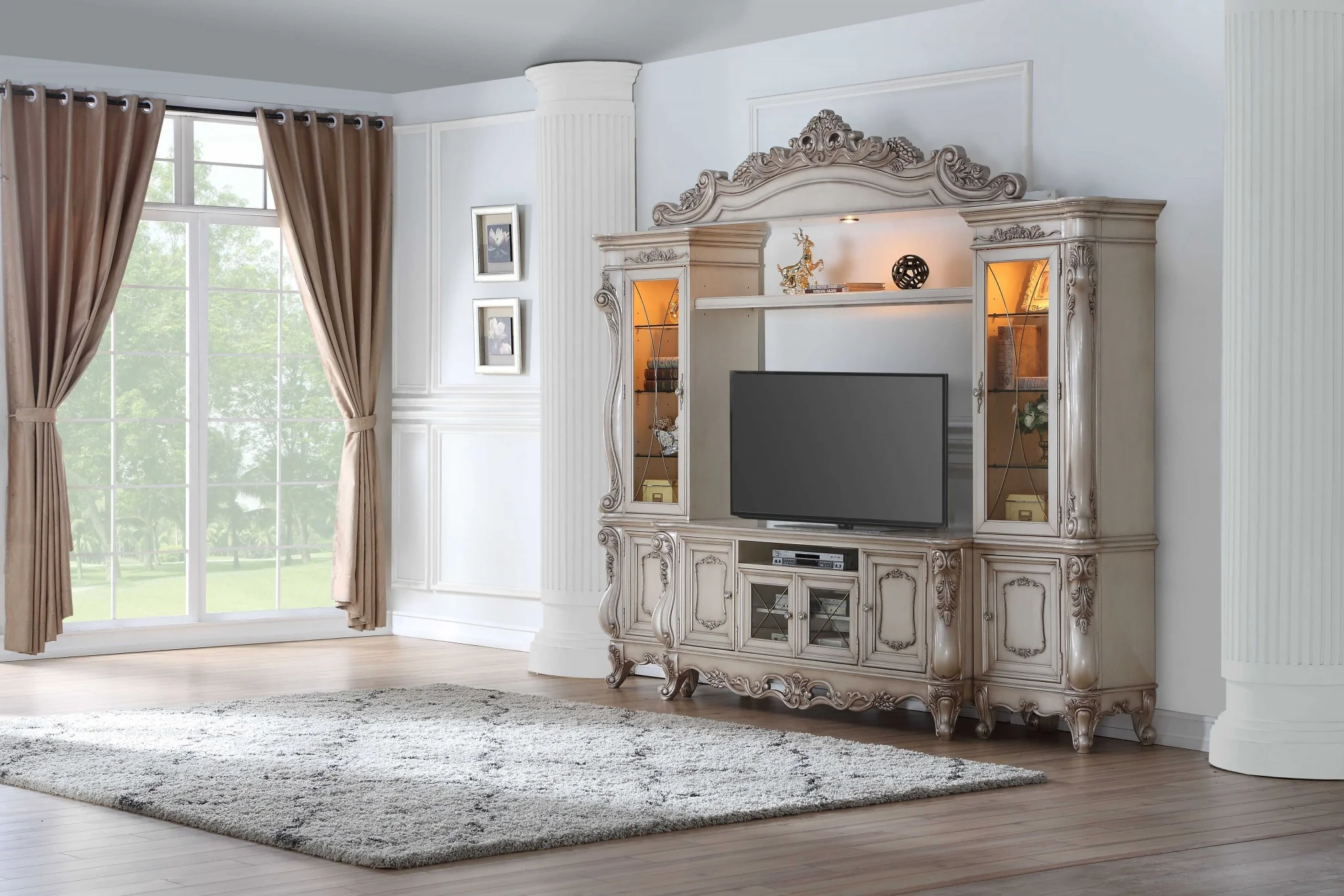 Antique White Wood Glass Poly-Resin Entertainment Center By Homeroots - Image 2